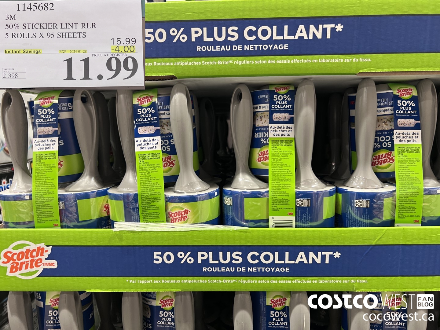 1145682 SCOTCH BRITE 50% STICKIER LINT RLR 5 ROLLS X 95 SHEETS ($4.00 INSTANT SAVINGS EXPIRES ON 2024-01-28) $11.99