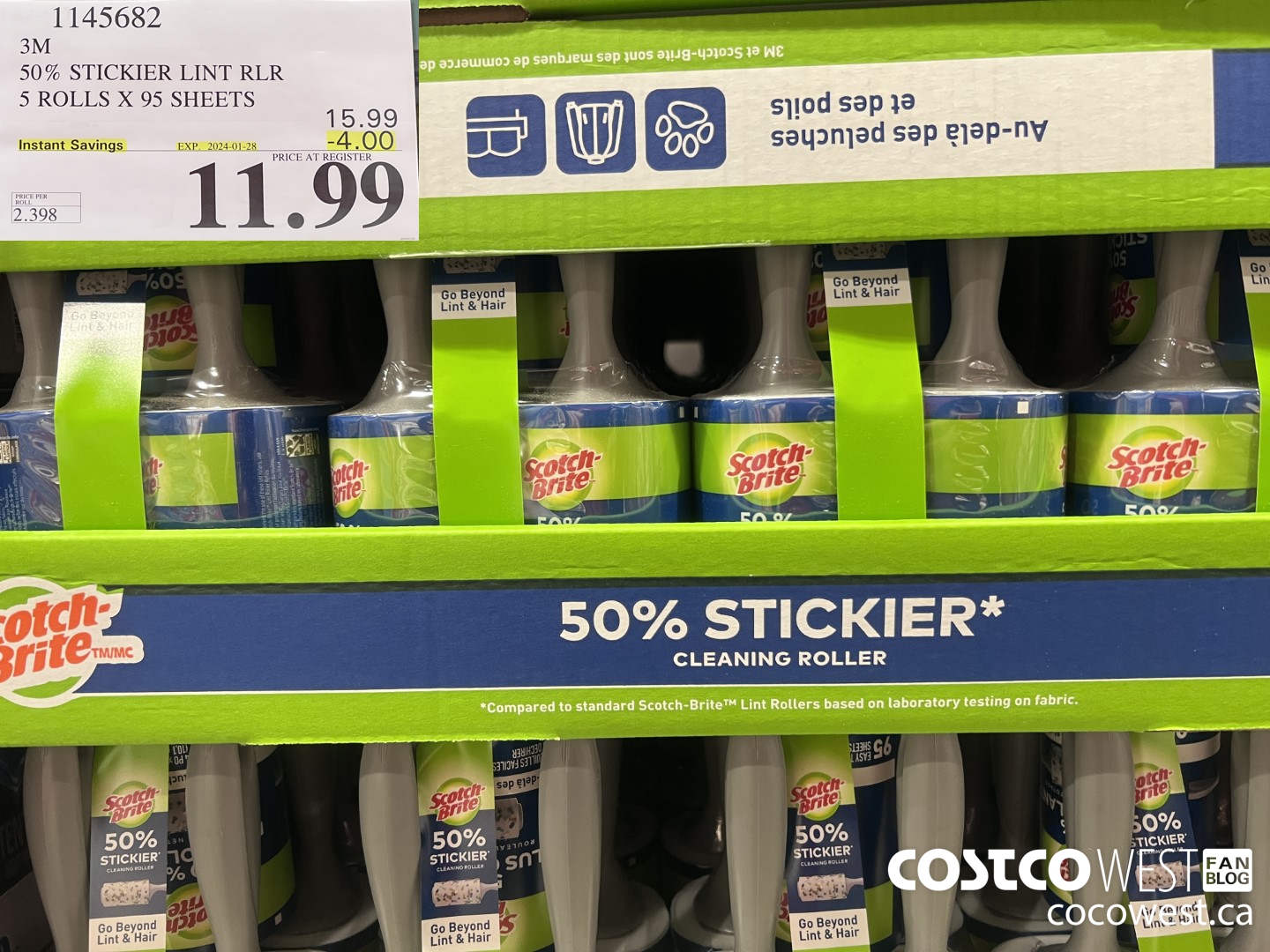 1145682 SCOTCH BRITE 50% STICKIER LINT RLR 5 ROLLS X 95 SHEETS ($4.00 INSTANT SAVINGS EXPIRES ON 2024-01-28) $11.99