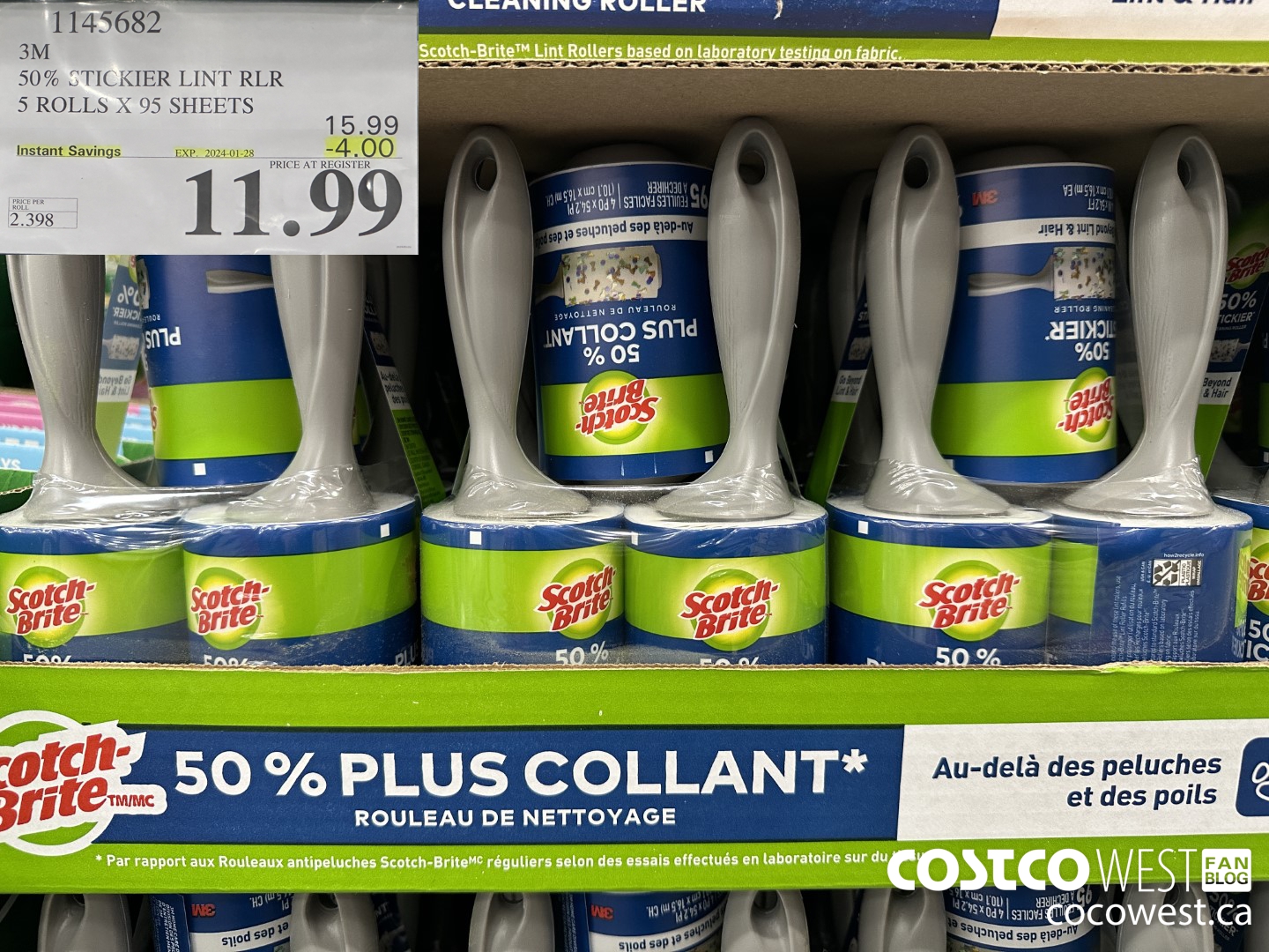 1145682 SCOTCH BRITE 50% STICKIER LINT RLR 5 ROLLS X 95 SHEETS ($4.00 INSTANT SAVINGS EXPIRES ON 2024-01-28) $11.99