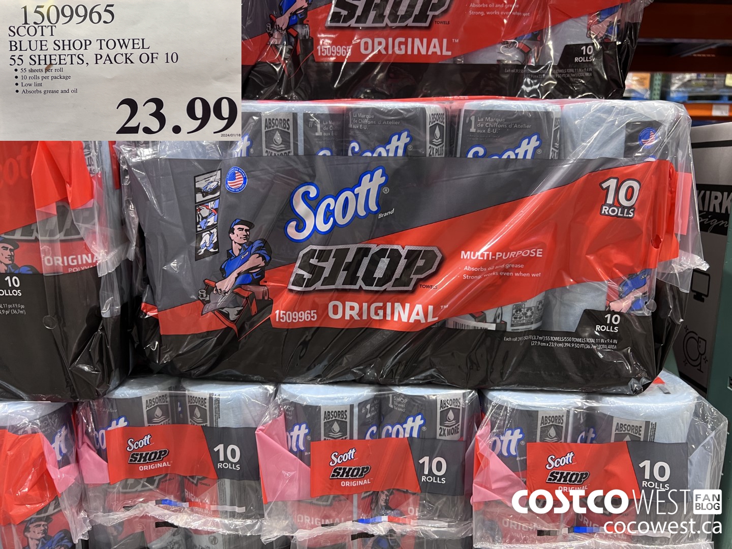 1509965 SCOTT BLUE SHOP TOWEL 55 SHEETS, PACK OF 10 $23.99