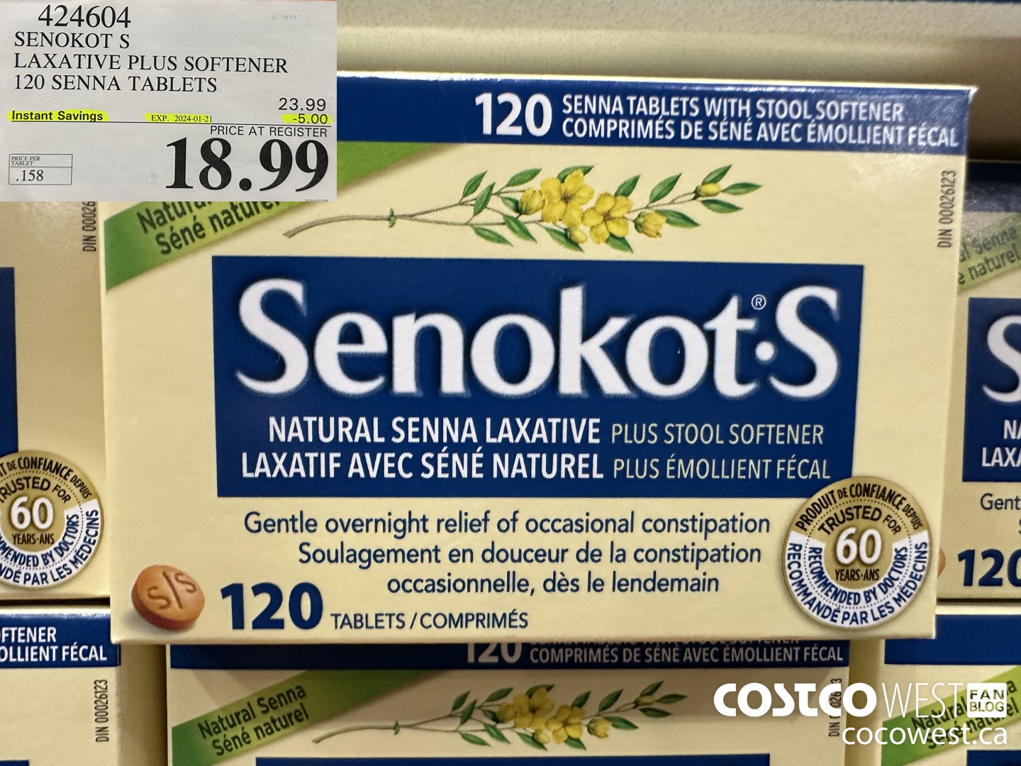 424604 SENOKOT S LAXATIVE PLUS SOFTENER 120 SENNA TABLETS ($5.00 INSTANT SAVINGS EXPIRES ON 2024-01-21) $18.99