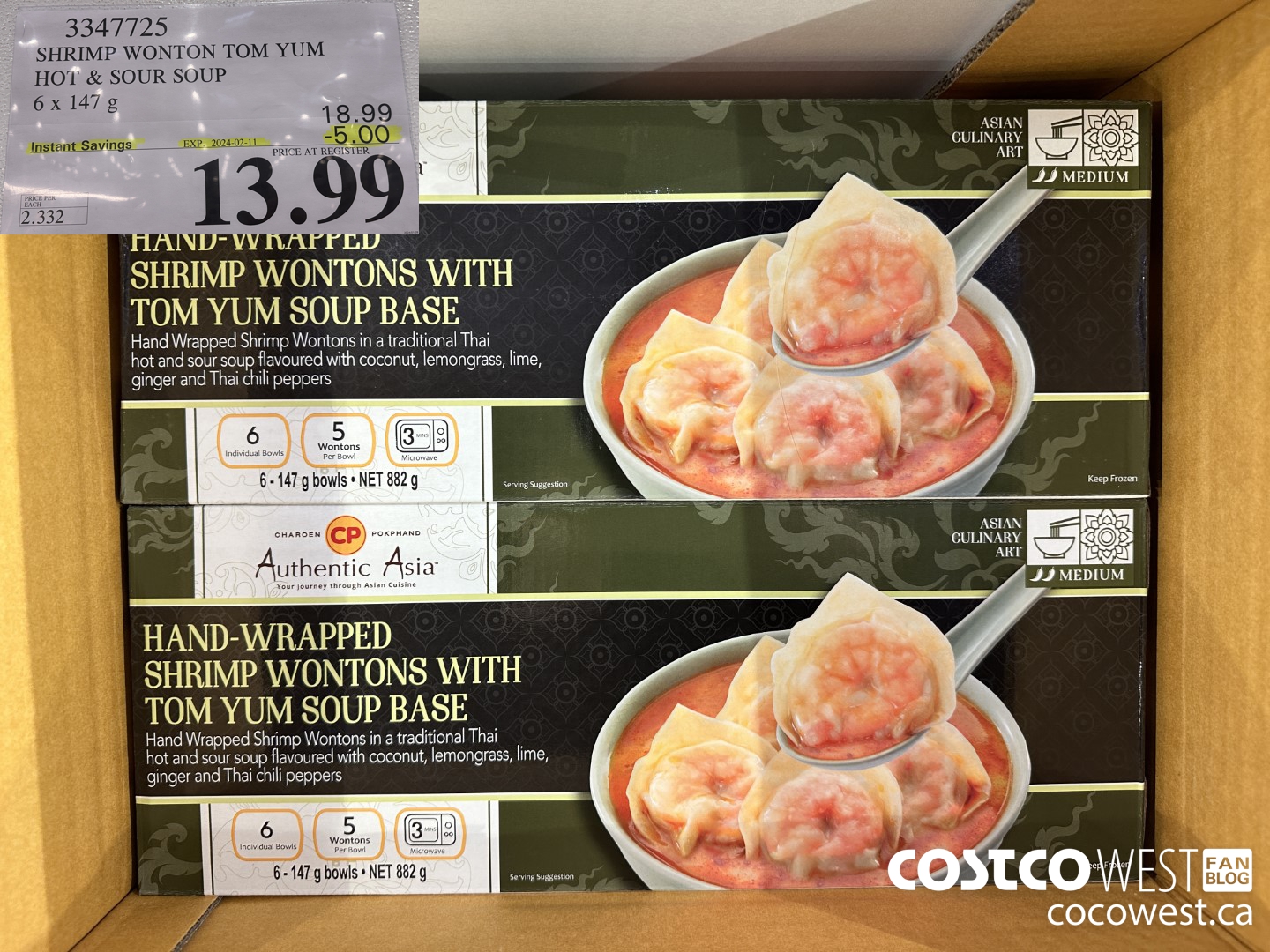 3347725 SHRIMP WONTON TOM YUM HOT & SOUR SOUP 6 X 147 G ($5.00 INSTANT SAVINGS EXPIRES ON 2024-02-11) $13.99