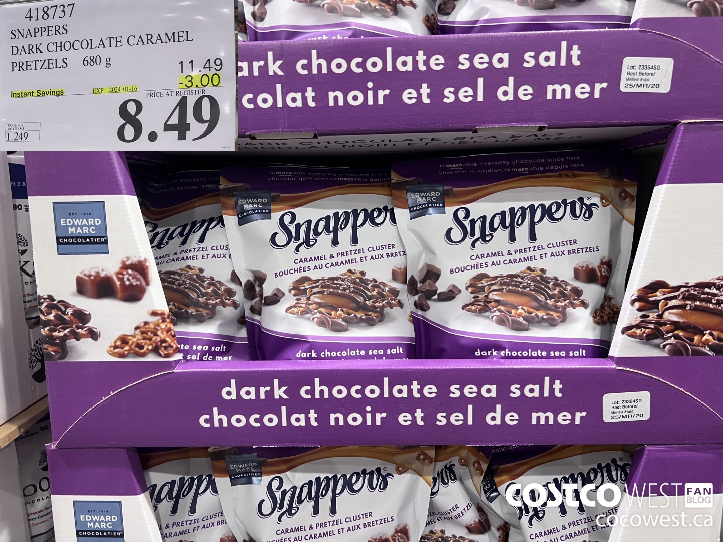 418737 SNAPPERS DARK CHOCOLATE CARAMEL PRETZELS 680 g ($3.00 INSTANT SAVINGS EXPIRES ON 2024-01-16) $8.49