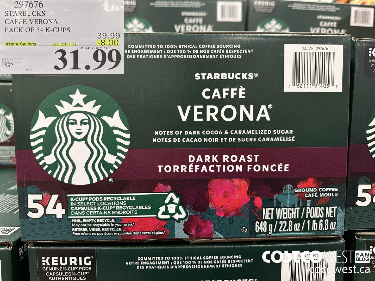 297676 STARBUCKS CAFFE VERONA K-CUPS 54 COUNT ($8.00 INSTANT SAVINGS EXPIRES ON 2024-01-28) $31.99