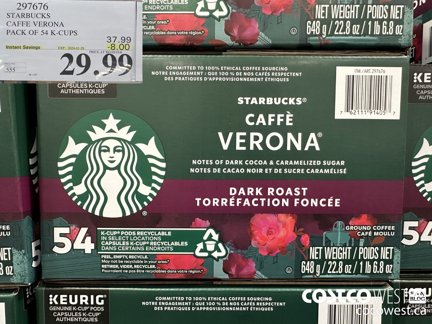 297676 STARBUCKS CAFFE VERONA K-CUPS 54 COUNT ($8.00 INSTANT SAVINGS EXPIRES ON 2024-01-28) $29.99