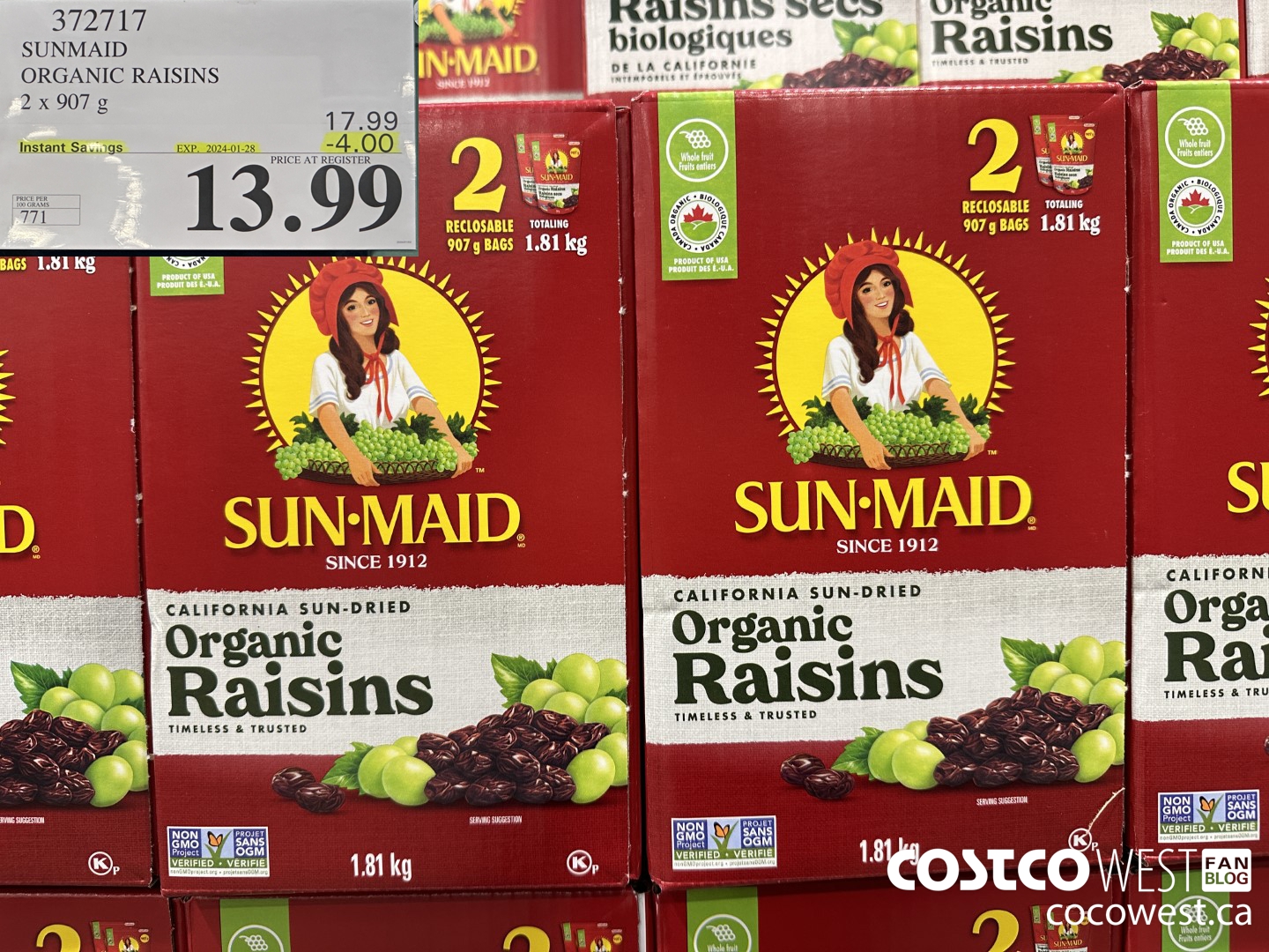 372717 SUNMAID ORGANIC RAISINS 2 X 907 G ($4.00 INSTANT SAVINGS EXPIRES ON 2024-01-28) $13.99