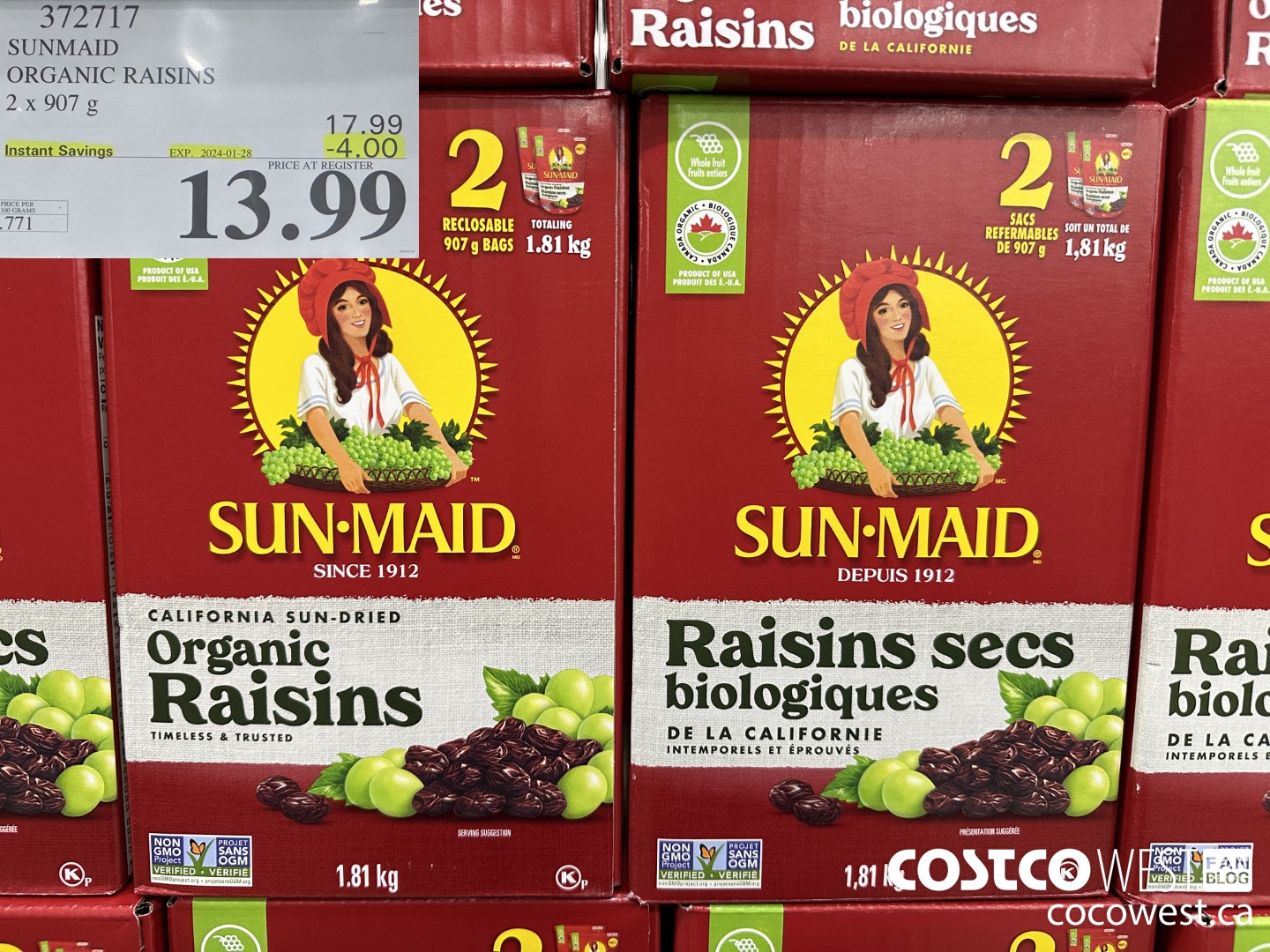 372717 SUNMAID ORGANIC RAISINS 2 X 907 G ($4.00 INSTANT SAVINGS EXPIRES ON 2024-01-28) $13.99