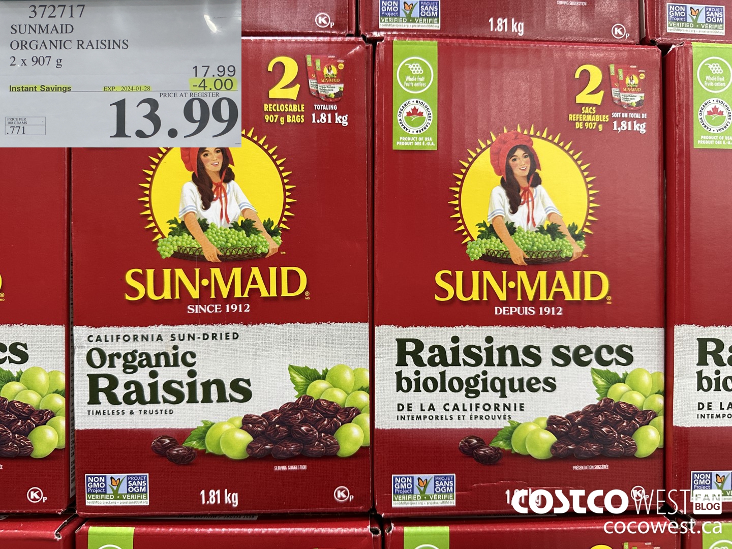 372717 SUNMAID ORGANIC RAISINS 2 X 907 G ($4.00 INSTANT SAVINGS EXPIRES ON 2024-01-28) $13.99