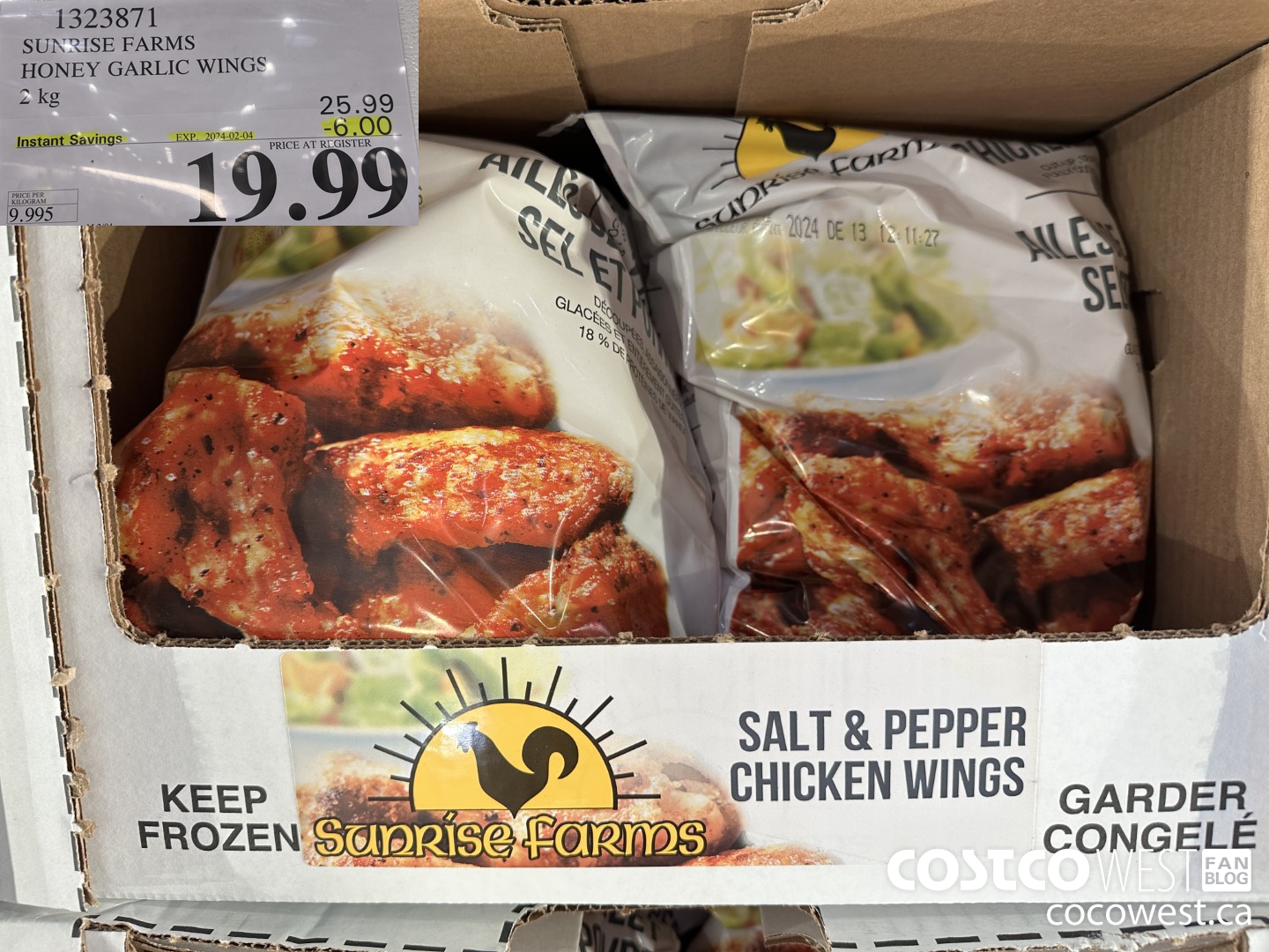 1323871 SUNRISE FARMS HONEY GARLIC WINGS 2 kg ($6.00 INSTANT SAVINGS EXPIRES ON 2024-02-04) $19.99