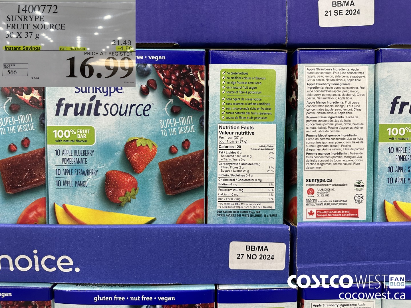 1400772 SUNRYPE FRUIT SOURCE 30 X 37 G ($4.50 INSTANT SAVINGS EXPIRES ON 2024-02-04) $16.99