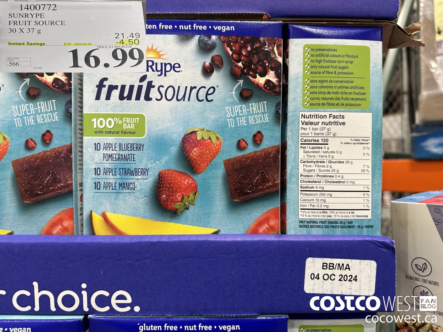 1400772 SUNRYPE FRUIT SOURCE 30 X 37 G ($4.50 INSTANT SAVINGS EXPIRES ON 2024-02-04) $16.99