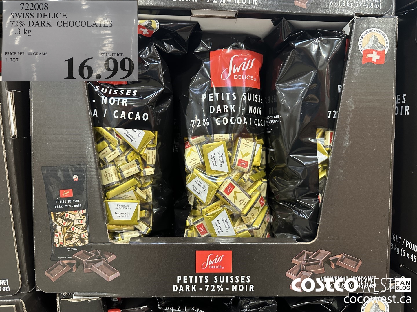 722008 SWISS DELICE 72% DARK CHOCOLATES 1.3 KG $16.99