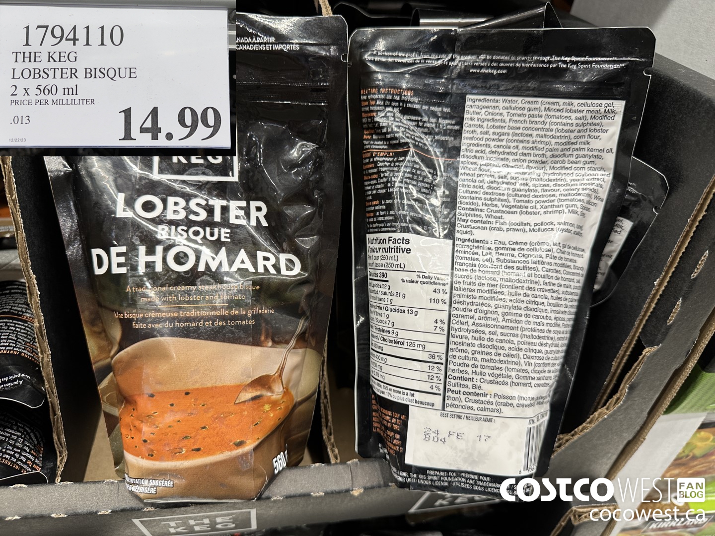 1794110 THE KEG LOBSTER BISQUE 2 X 560 ML $14.99