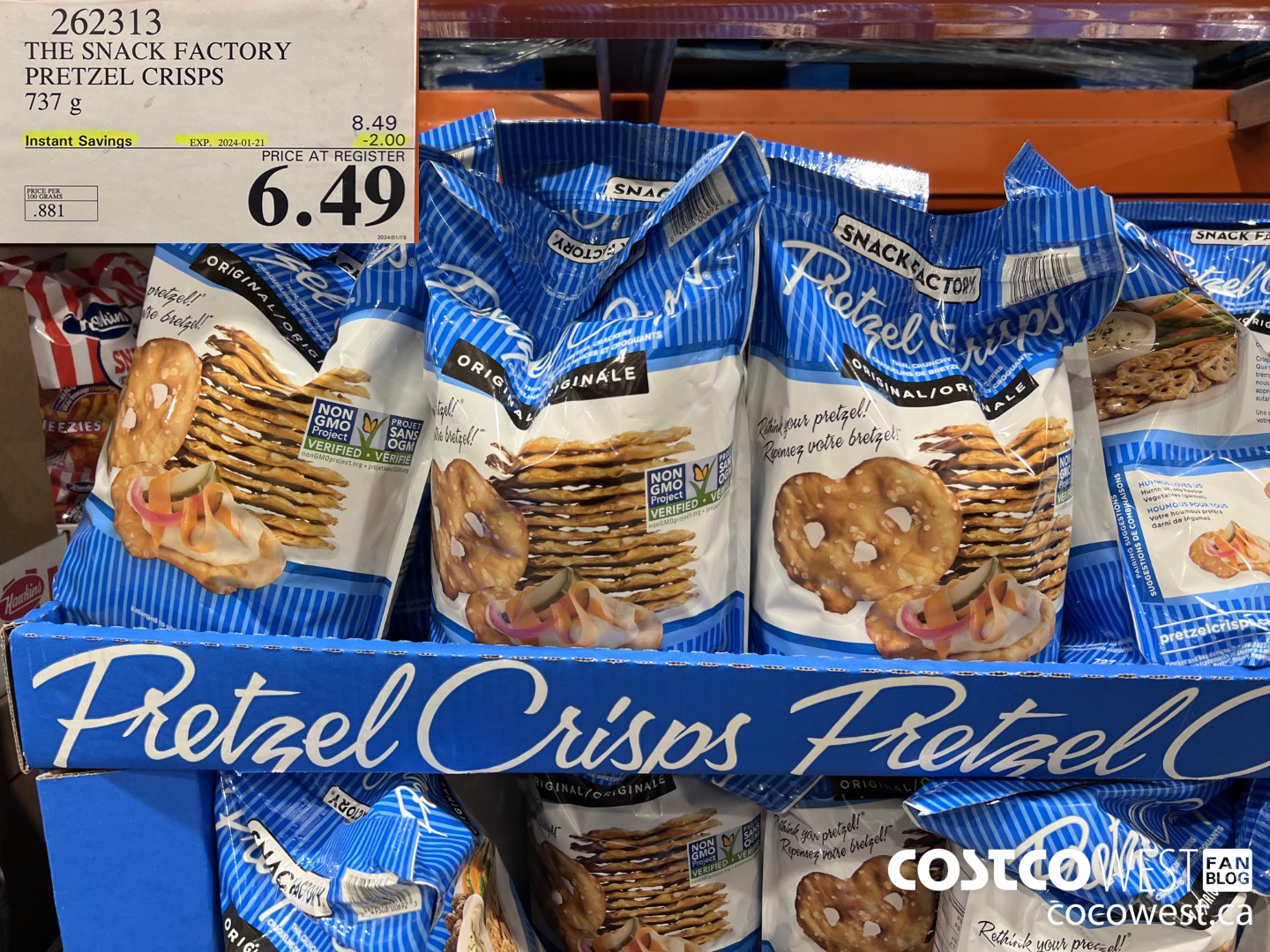 262313 THE SNACK FACTORY PRETZEL CRISPS 737 g ($2.00 INSTANT SAVINGS EXPIRES ON 2024-01-21) $6.49