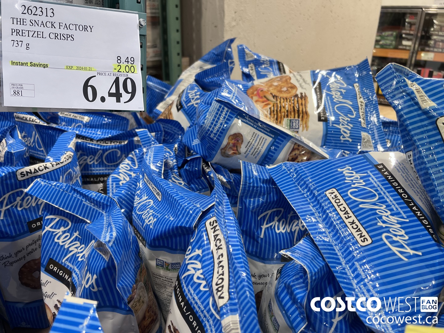 262313 THE SNACK FACTORY PRETZEL CRISPS 737 g ($2.00 INSTANT SAVINGS EXPIRES ON 2024-01-21) $6.49