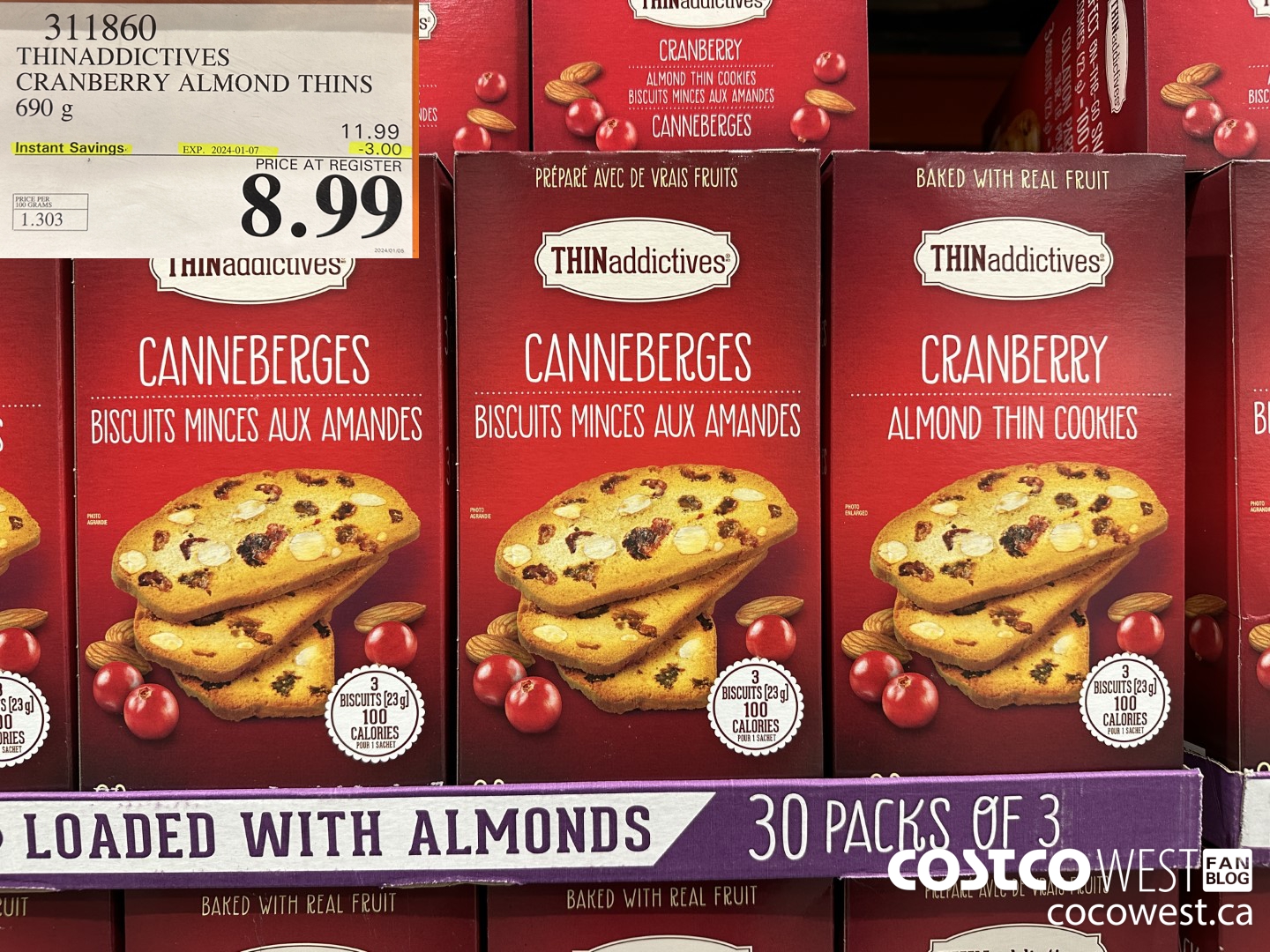 311860 THINADDICTIVES CRANBERRY ALMOND THINS 690G ($3.00 INSTANT SAVINGS EXPIRES ON 2024-01-07) $8.99