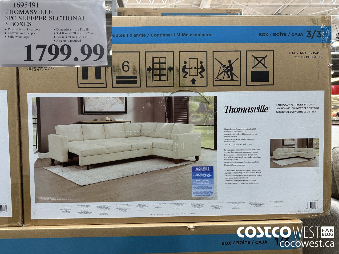 1695491 THOMASVILLE 3PC SLEEPER SECTIONAL 3 BOXES $1799.99