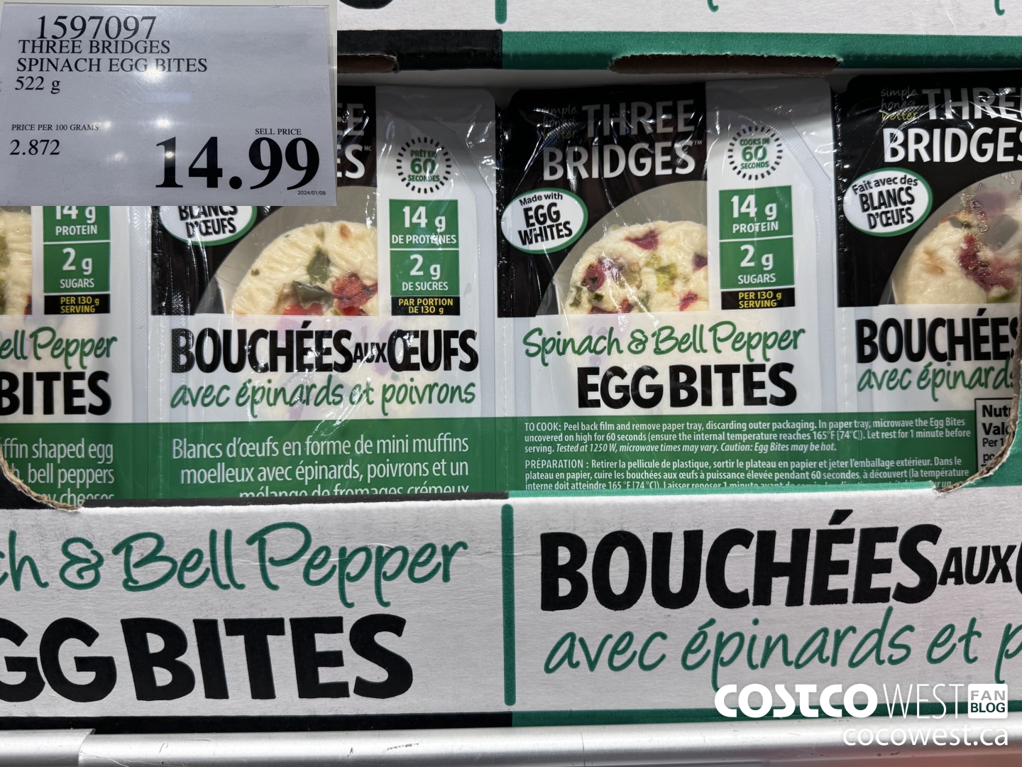 1597097 THREE BRIDGES SPINACH EGG BITES 522 G $14.99