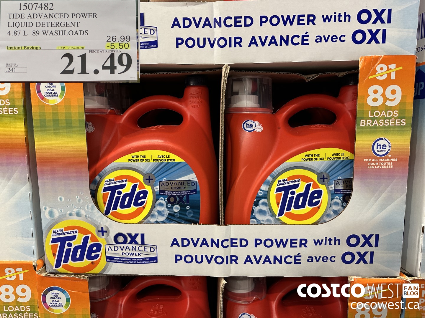 1507482 TIDE ADVANCED POWER LIQUID DETERGENT 4.87 L 89 WASHLOADS ($5.50 INSTANT SAVINGS EXPIRES ON 2024-01-28) $21.49