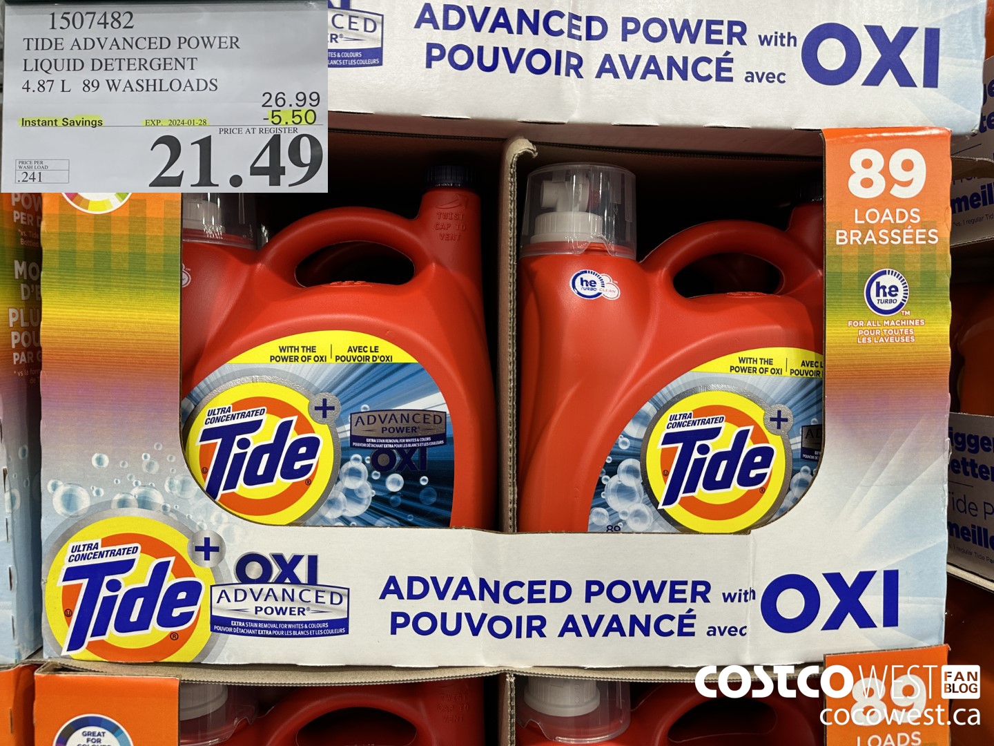 1507482 TIDE ADVANCED POWER LIQUID DETERGENT 4.87 L 89 WASHLOADS ($5.50 INSTANT SAVINGS EXPIRES ON 2024-01-28) $21.49