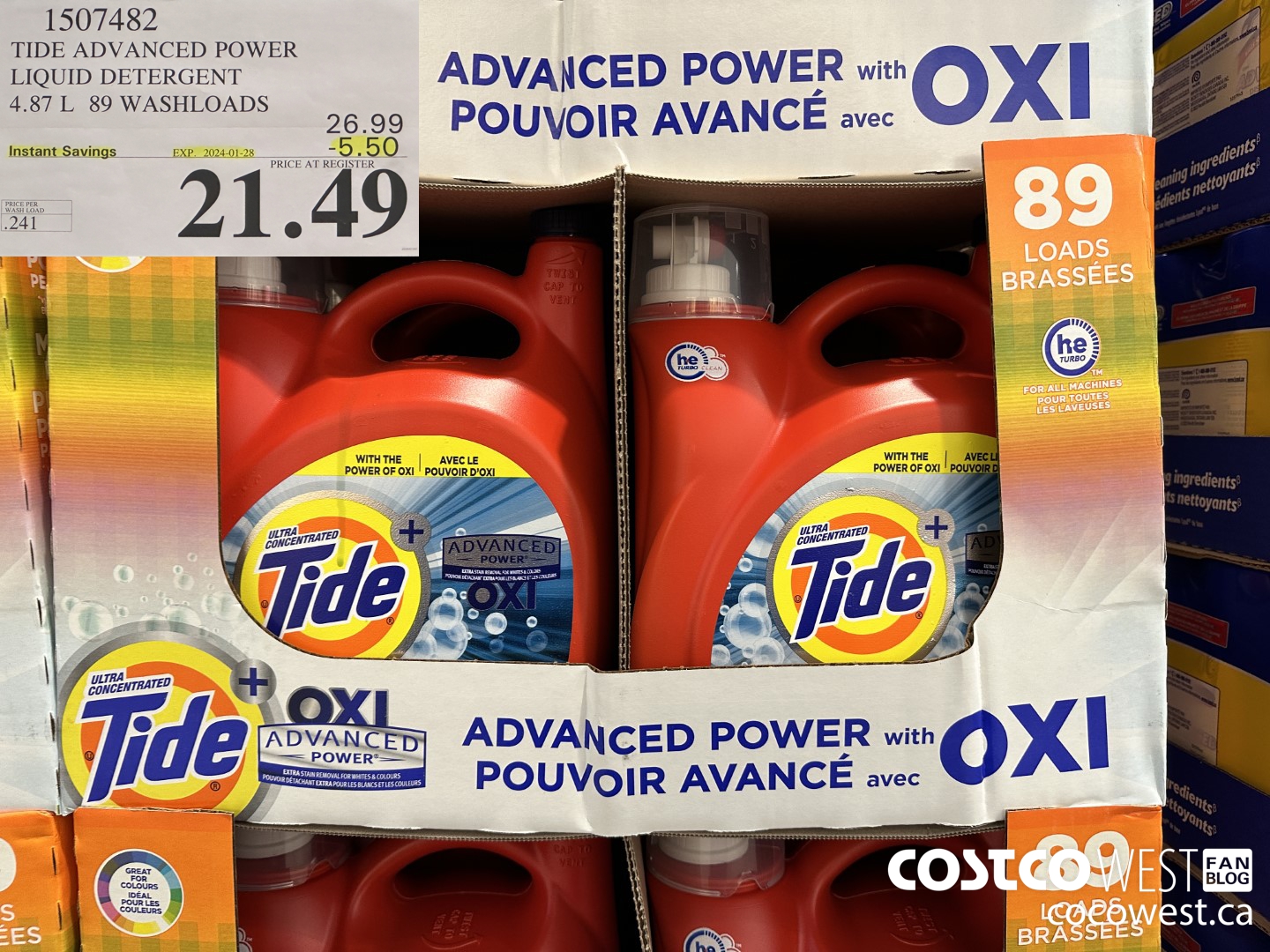 1507482 TIDE ADVANCED POWER LIQUID DETERGENT 4.87 L 89 WASHLOADS ($5.50 INSTANT SAVINGS EXPIRES ON 2024-01-28) $21.49