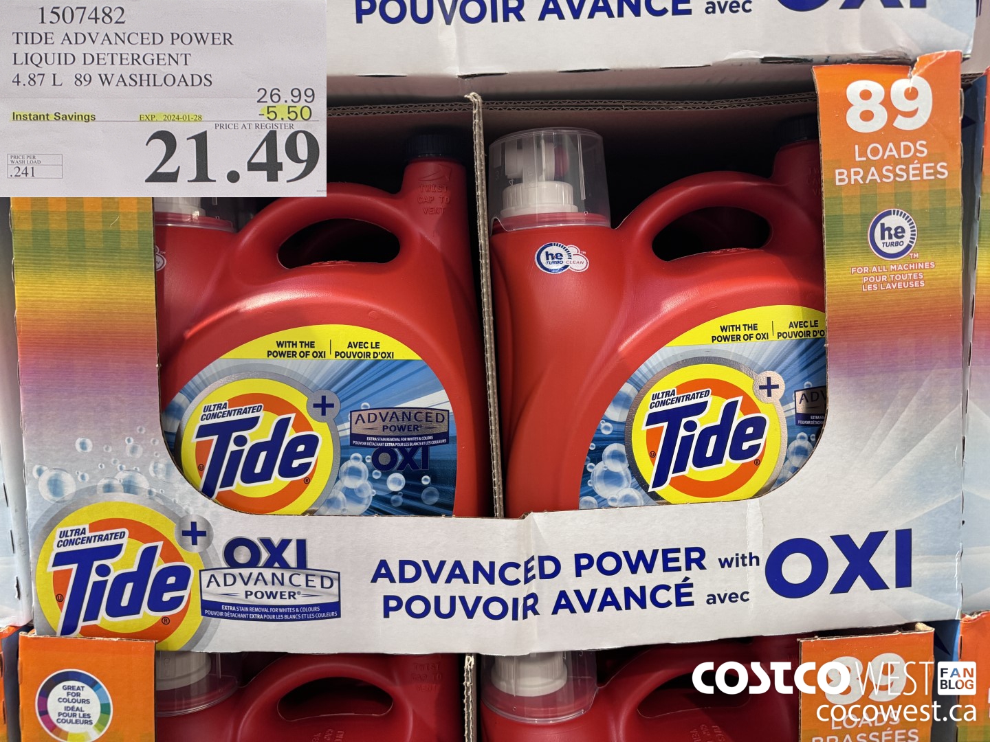 1507482 TIDE ADVANCED POWER LIQUID DETERGENT 4.87 L 89 WASHLOADS ($5.50 INSTANT SAVINGS EXPIRES ON 2024-01-28) $21.49