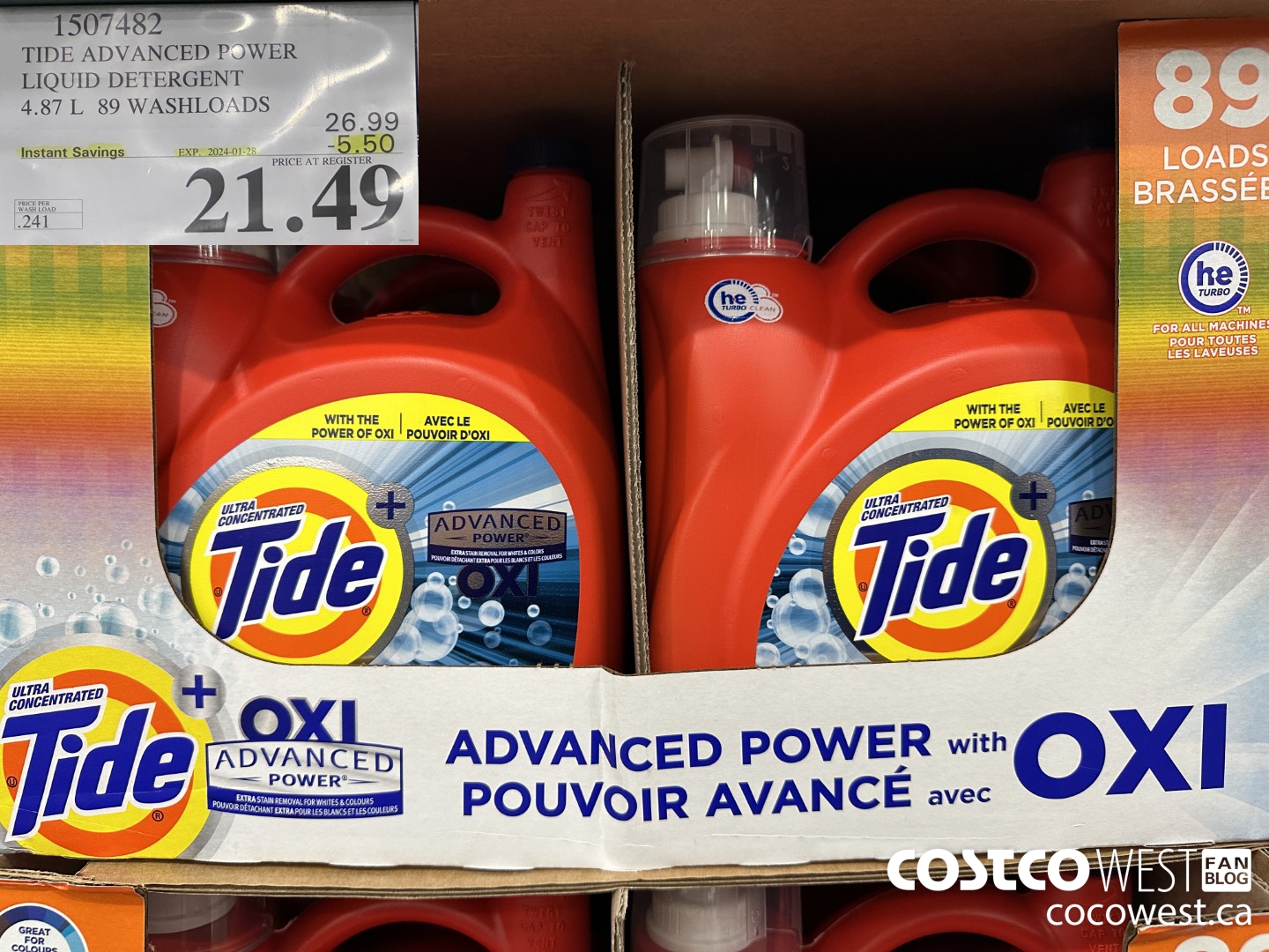 1507482 TIDE ADVANCED POWER LIQUID DETERGENT 4.87 L 89 WASHLOADS ($5.50 INSTANT SAVINGS EXPIRES ON 2024-01-28) $21.49