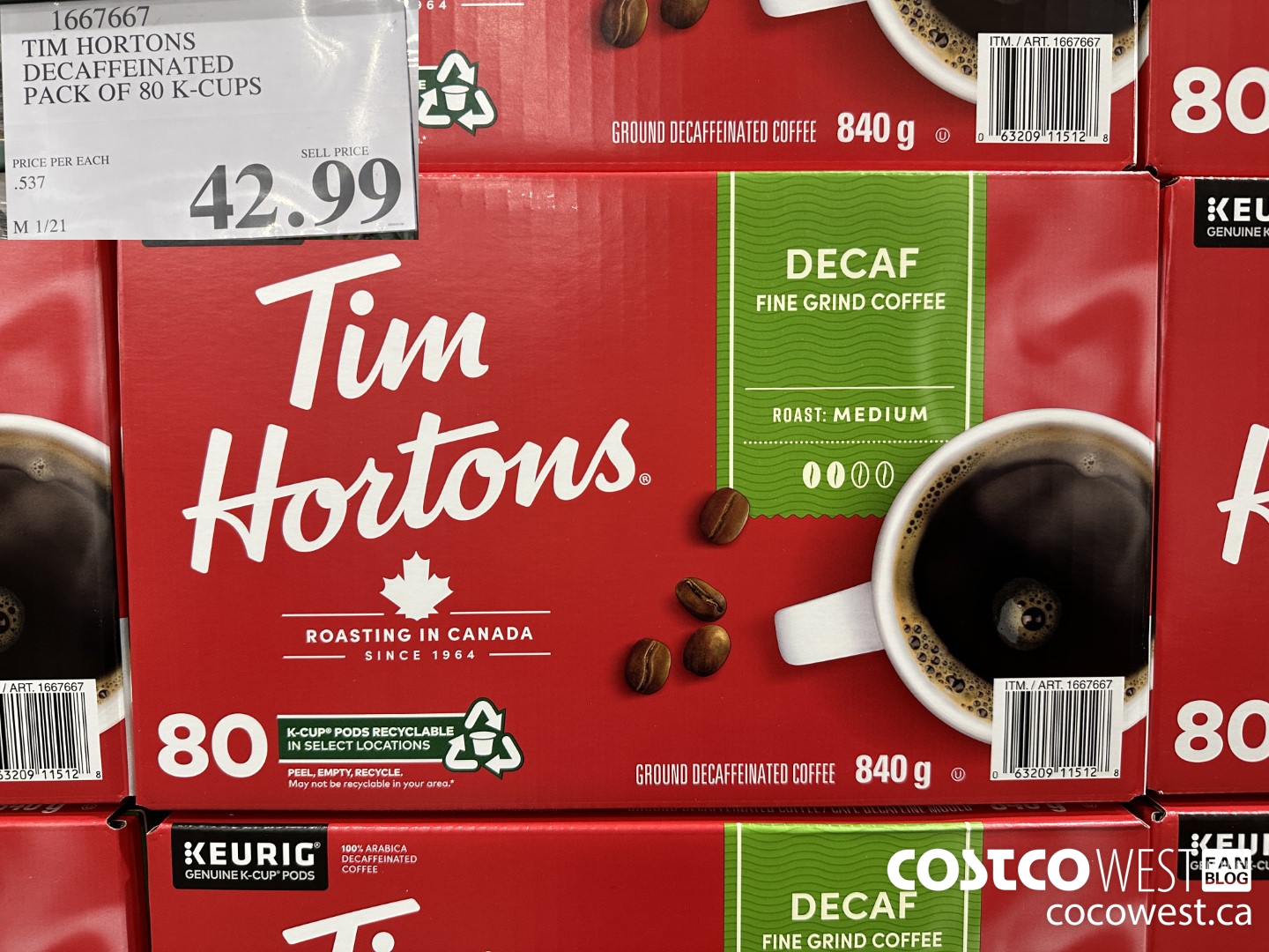 1667667 TIM HORTONS DECAFFEINATED K-CUPS 80 COUNT $42.99