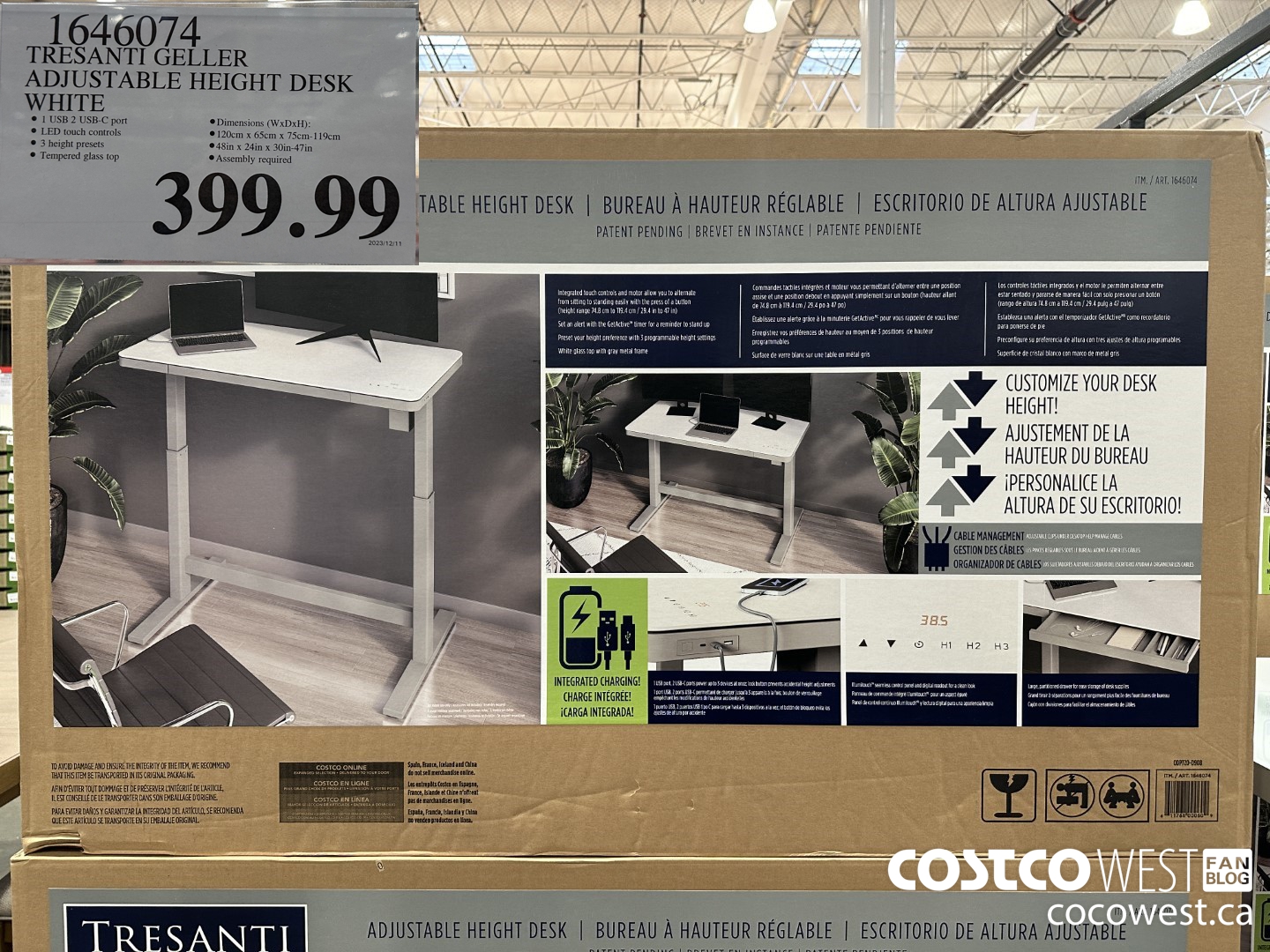 1646074 TRESANTI GELLER ADJUSTABLE HEIGHT DESK WHITE $399.99