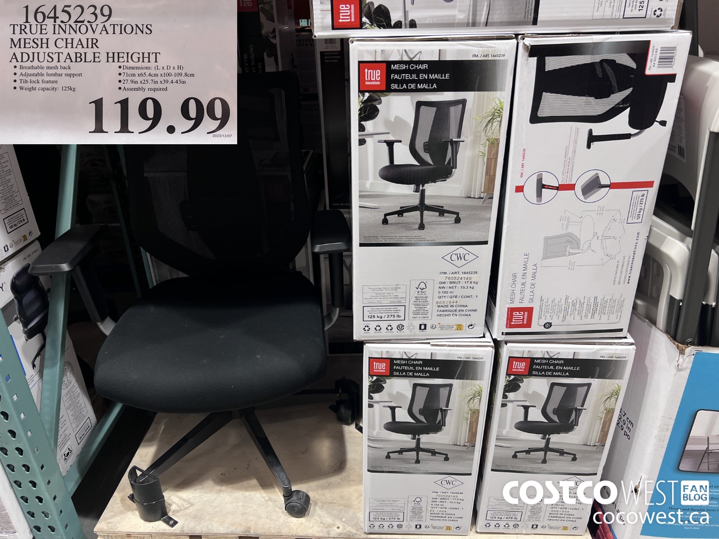 1645239 TRUE INNOVATIONS MESH CHAIR ADJUSTABLE HEIGHT $119.99