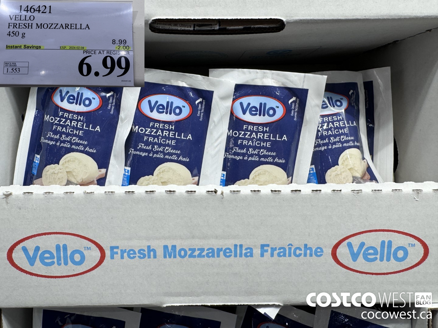 146421 VELLO FRESH MOZZARELLA 450 G ($2.00 INSTANT SAVINGS EXPIRES ON 2024-02-04) $6.99