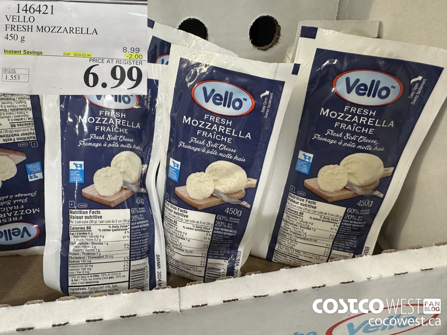 146421 VELLO FRESH MOZZARELLA 450 G ($2.00 INSTANT SAVINGS EXPIRES ON 2024-02-04) $6.99