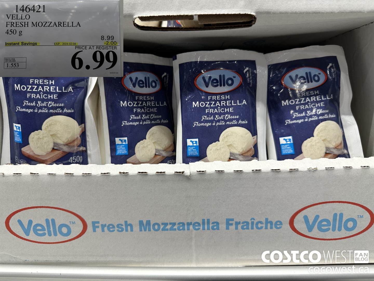 146421 VELLO FRESH MOZZARELLA 450 G ($2.00 INSTANT SAVINGS EXPIRES ON 2024-02-04) $6.99