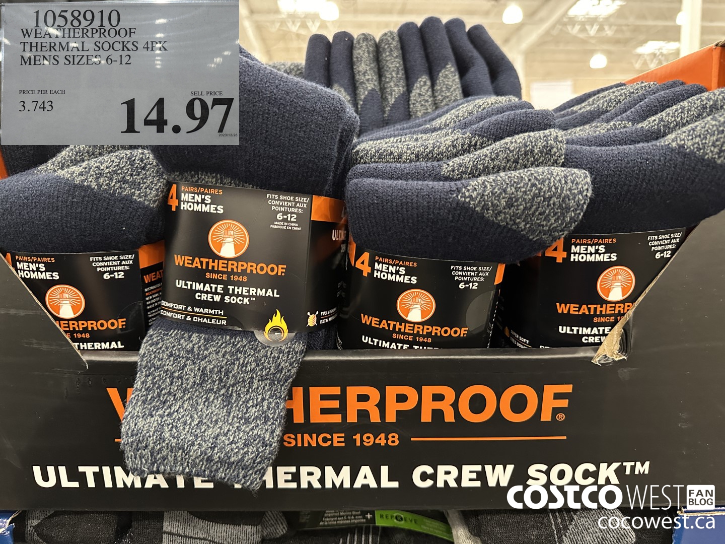 1058910 WEATHERPROOF THERMAL SOCK 4PK MENS SIZES 6-12 $14.97