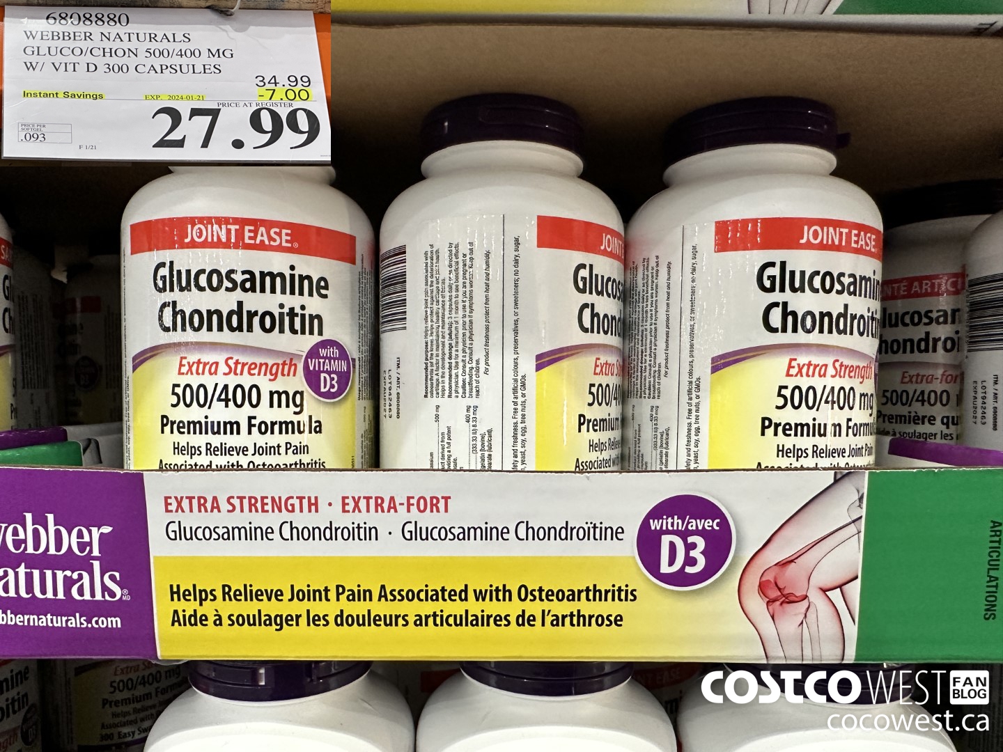 6808880 WEBBER NATURALS GLUCO/CHON 500/400 MG W/VIT D 300 CAPSULES ($7.00 INSTANT SAVINGS EXPIRES ON 2024-01-21) $27.99