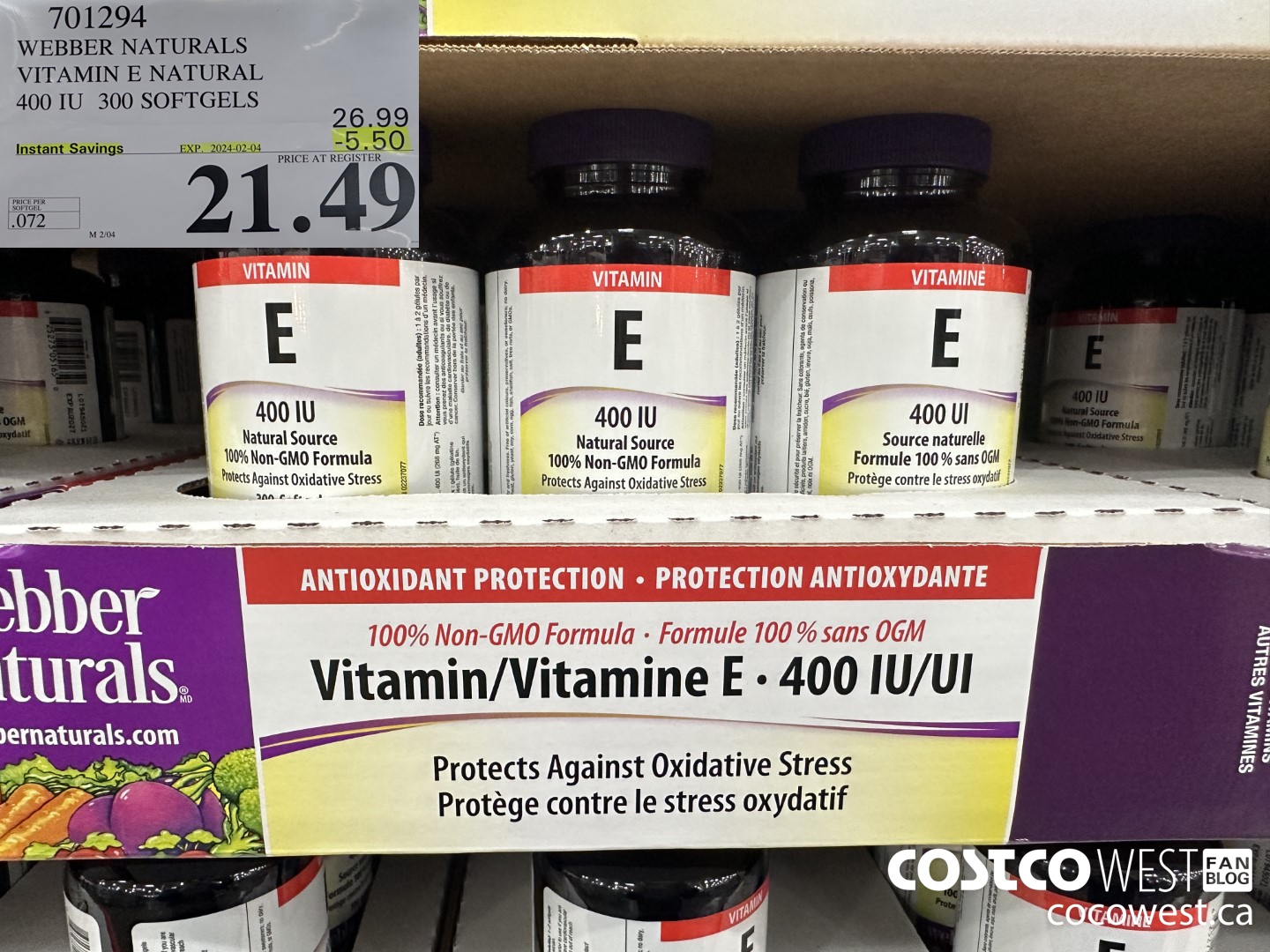 701294 WEBBER NATURALS VITAMIN E NATURAL 400 IU 300 SOFTGELS ($5.50 INSTANT SAVINGS EXPIRES ON 2024-02-04) $21.49