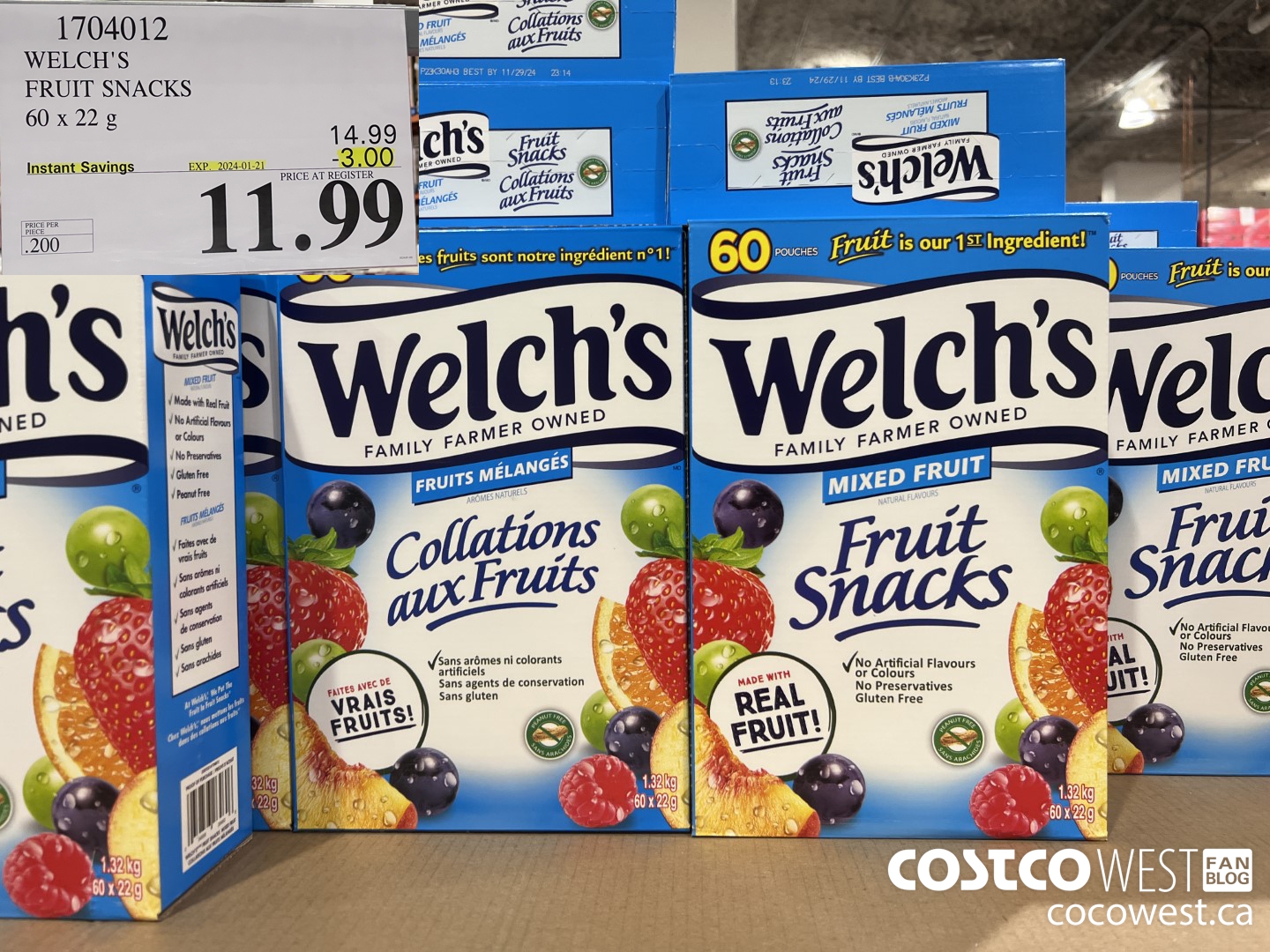 1704012 WELCH'S FRUIT SNACKS 60 X 22 G ($3.00 INSTANT SAVINGS EXPIRES ON 2024-01-21) $11.99