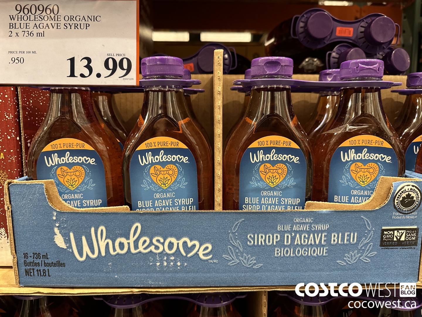960960 WHOLESOME BLUE AGAVE SYRUP 2 x 736 mL $13.99