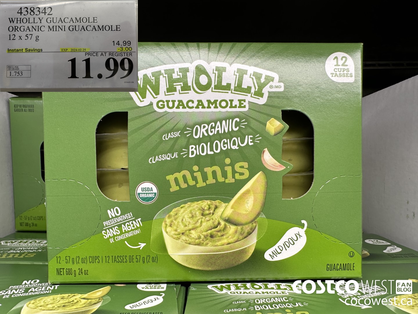 438342 WHOLLY GUACAMOLE ORGANIC MINI GUACAMOLE 12 x 57 g ($3.00 INSTANT SAVINGS EXPIRES ON 2024-02-25) $11.99