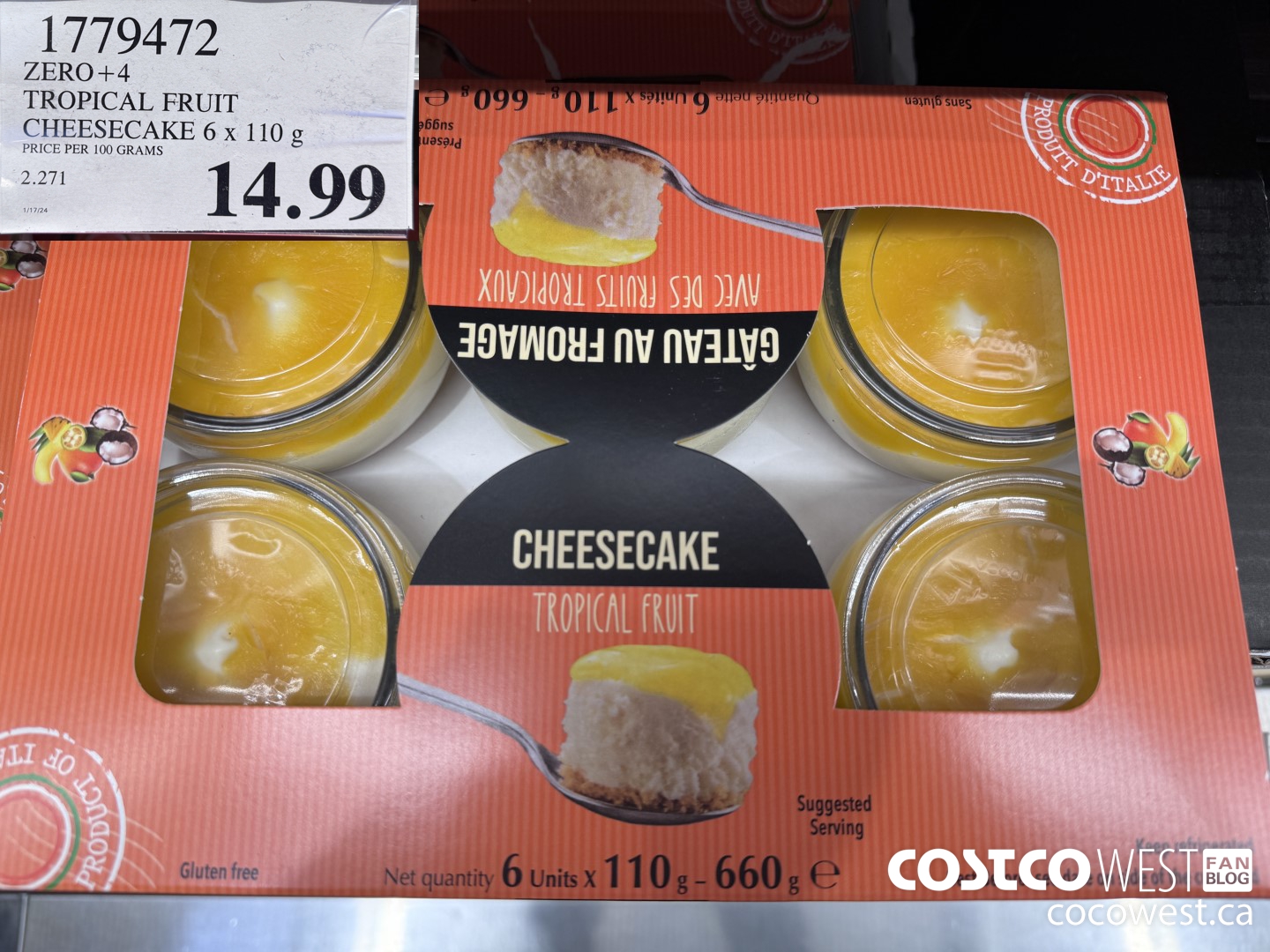 1779472 ZERO + 4 TROPICAL FRUIT CHEESECAKE 6 X 110 G $14.99