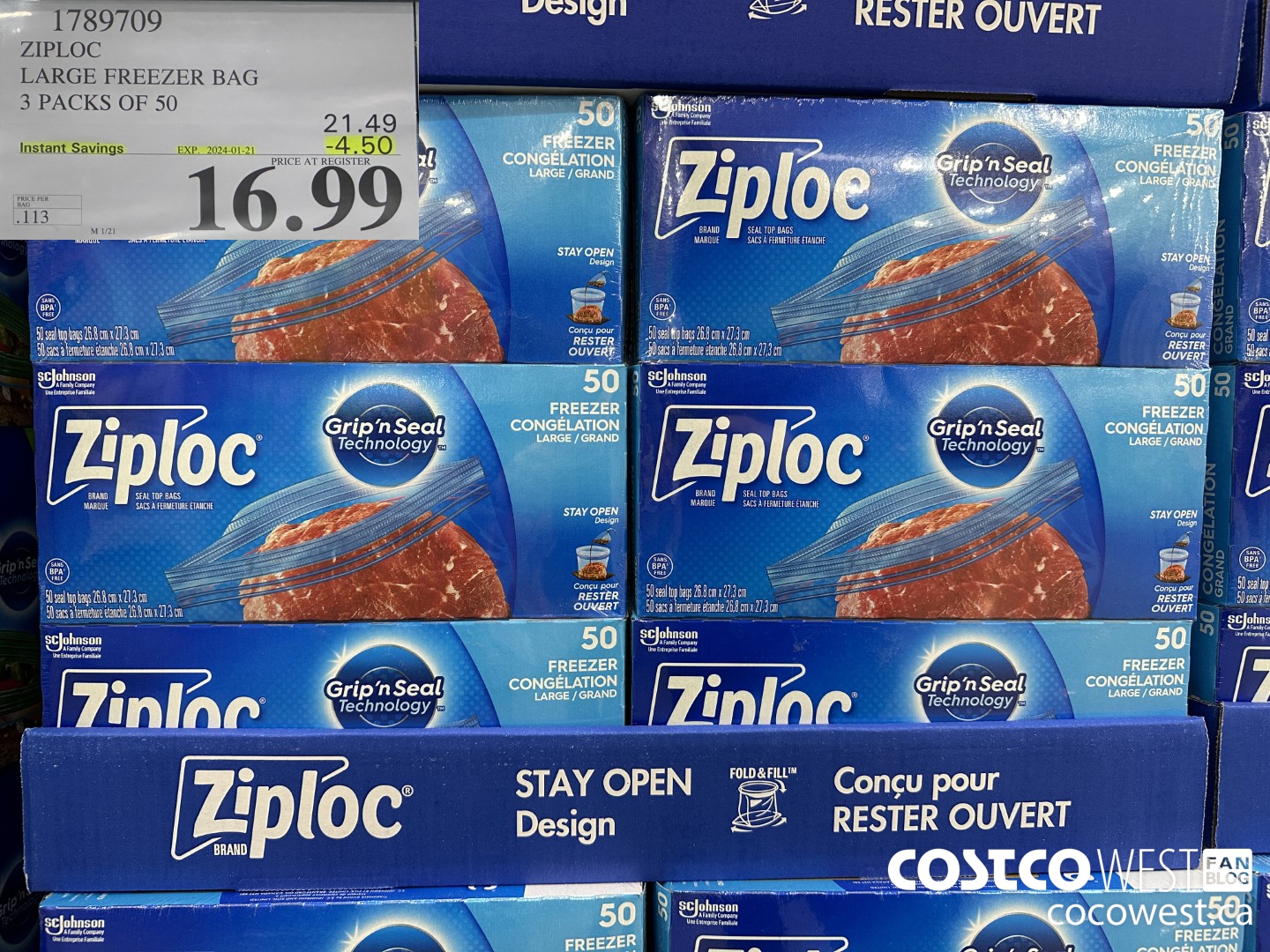 1789709 ZIPLOC LARGE FREEZER BAG 3 X 50 ($4.50 INSTANT SAVINGS EXPIRES ON 2024-01-21) $16.99