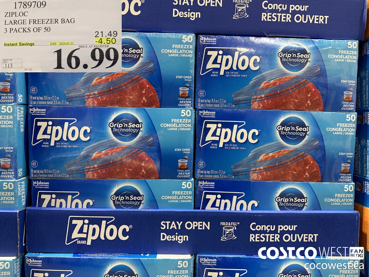 1789709 ZIPLOC LARGE FREEZER BAG 3 X 50 ($4.50 INSTANT SAVINGS EXPIRES ON 2024-01-21) $16.99