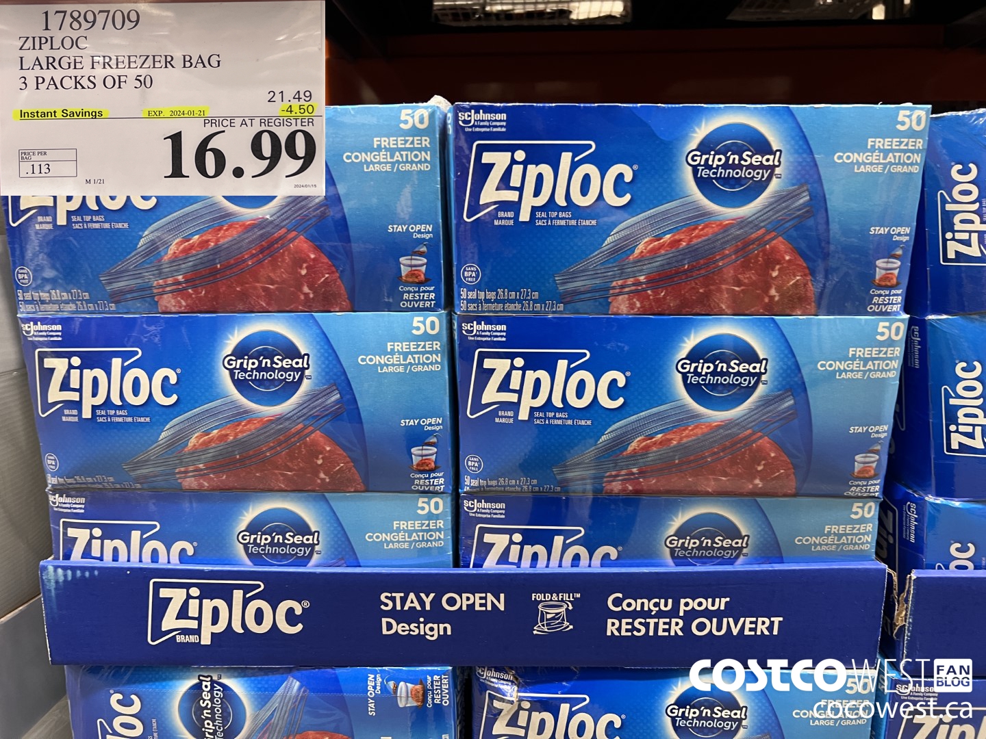 1789709 ZIPLOC LARGE FREEZER BAG 3 X 50 ($4.50 INSTANT SAVINGS EXPIRES ON 2024-01-21) $16.99