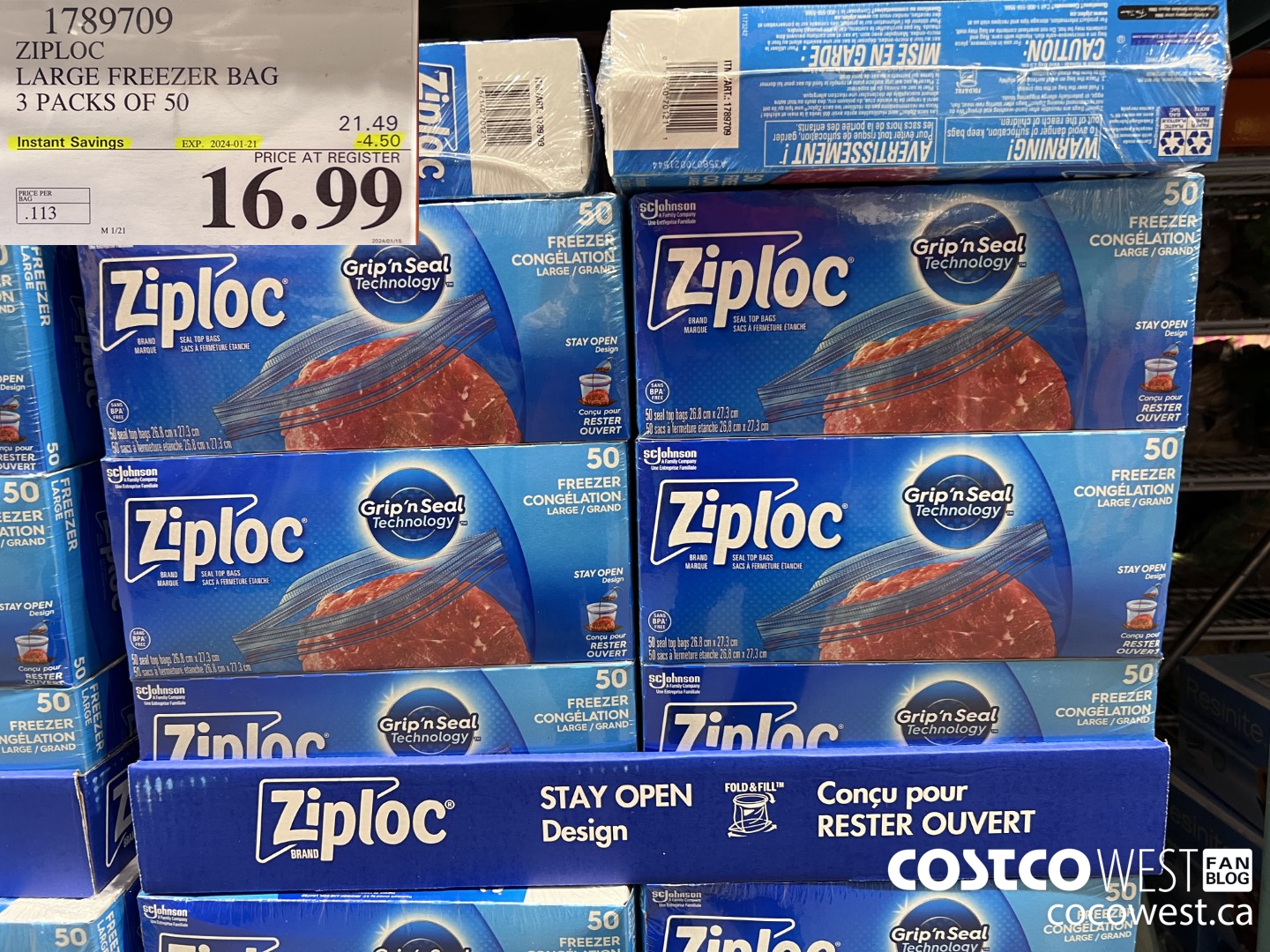1789709 ZIPLOC LARGE FREEZER BAG 3 X 50 ($4.50 INSTANT SAVINGS EXPIRES ON 2024-01-21) $16.99