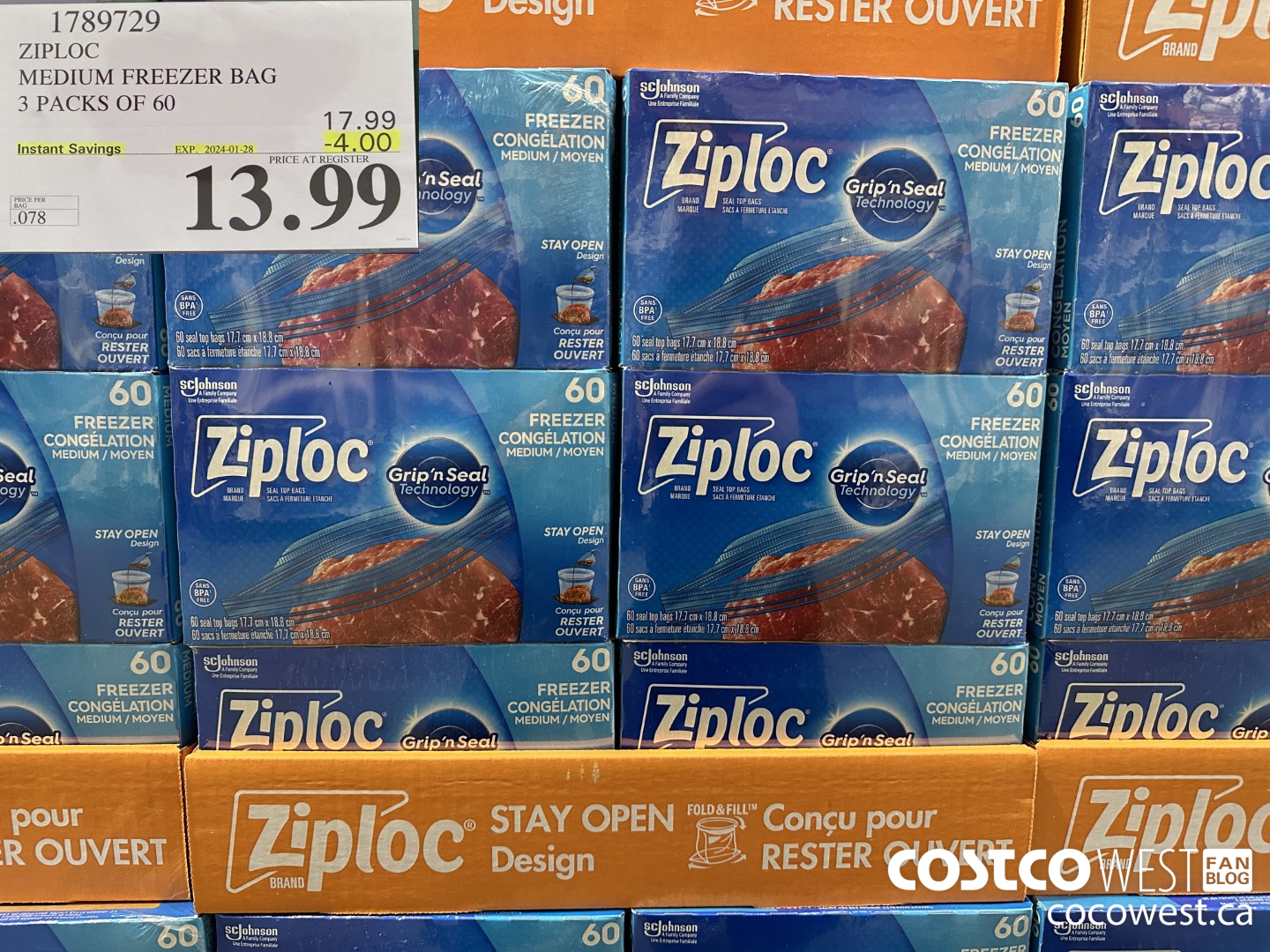 1789729 ZIPLOC MEDIUM FREEZER BAG 3 x 60 ($4.00 INSTANT SAVINGS EXPIRES ON 2024-01-28) $13.99