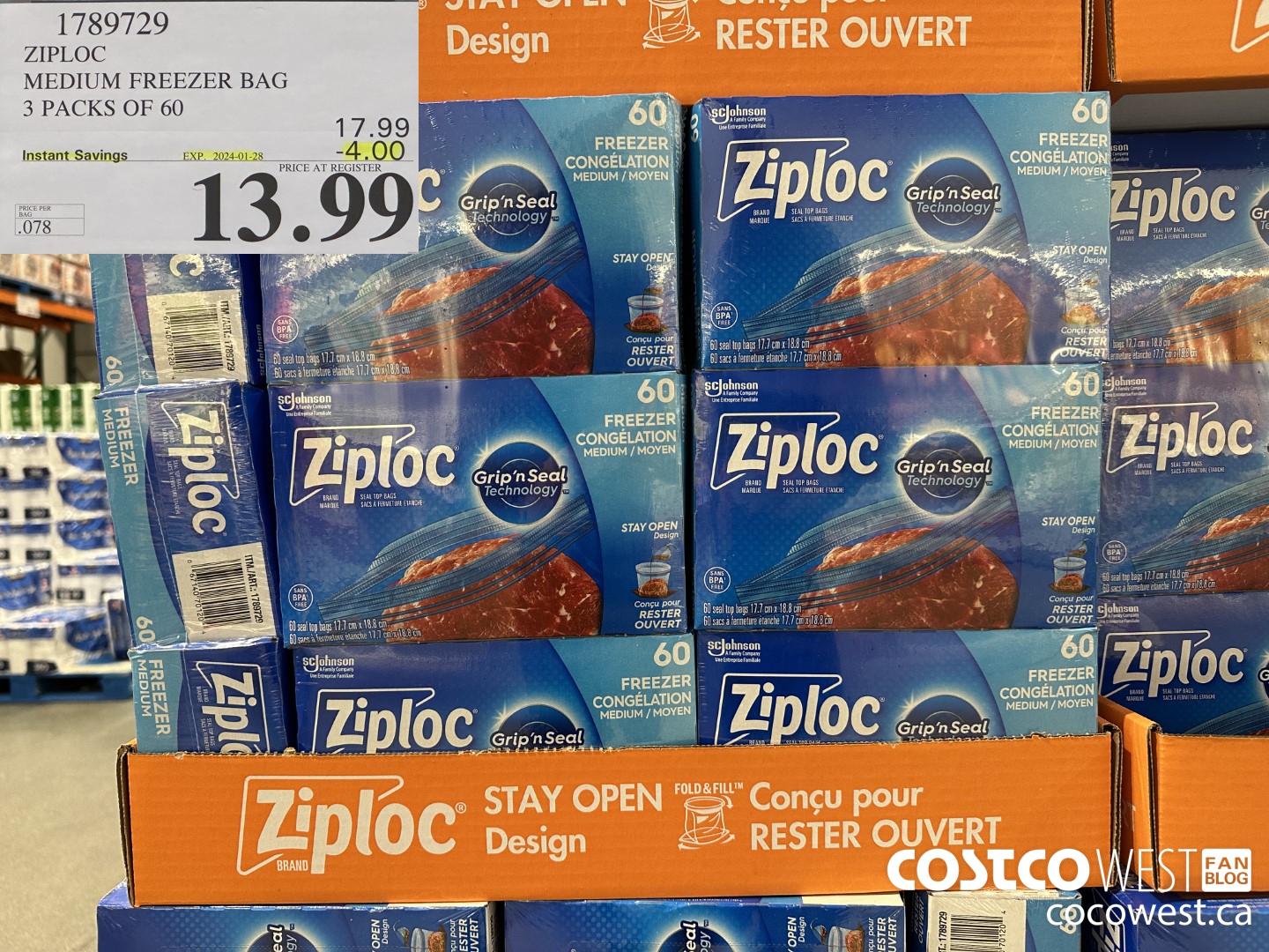 1789729 ZIPLOC MEDIUM FREEZER BAG 3 x 60 ($4.00 INSTANT SAVINGS EXPIRES ON 2024-01-28) $13.99