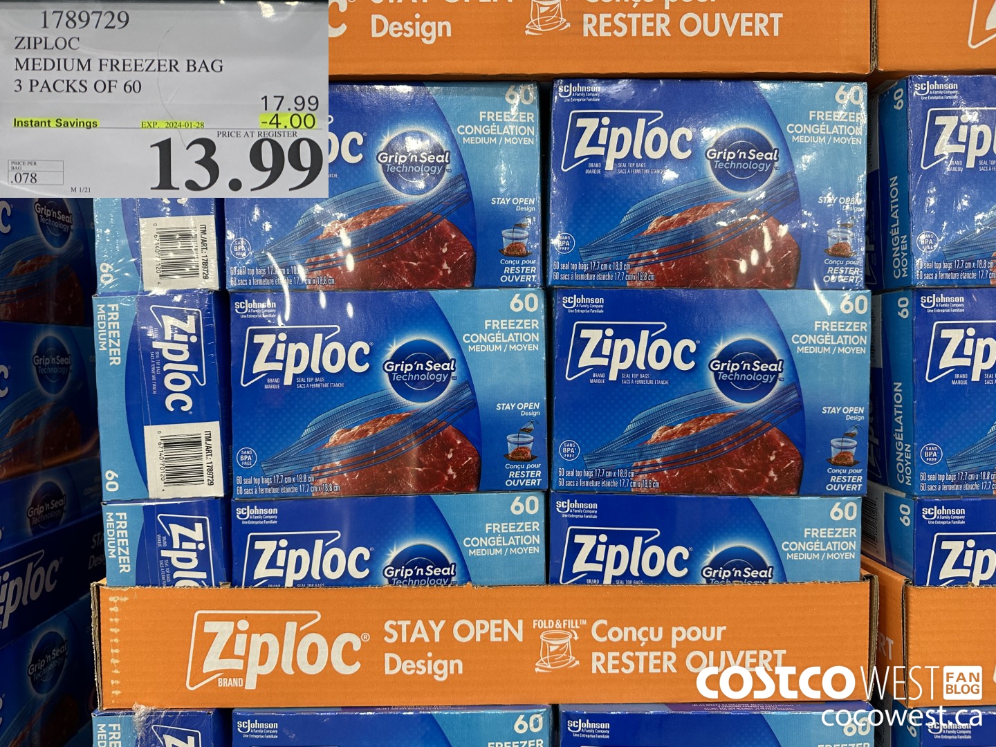1789729 ZIPLOC MEDIUM FREEZER BAG 3 x 60 ($4.00 INSTANT SAVINGS EXPIRES ON 2024-01-28) $13.99