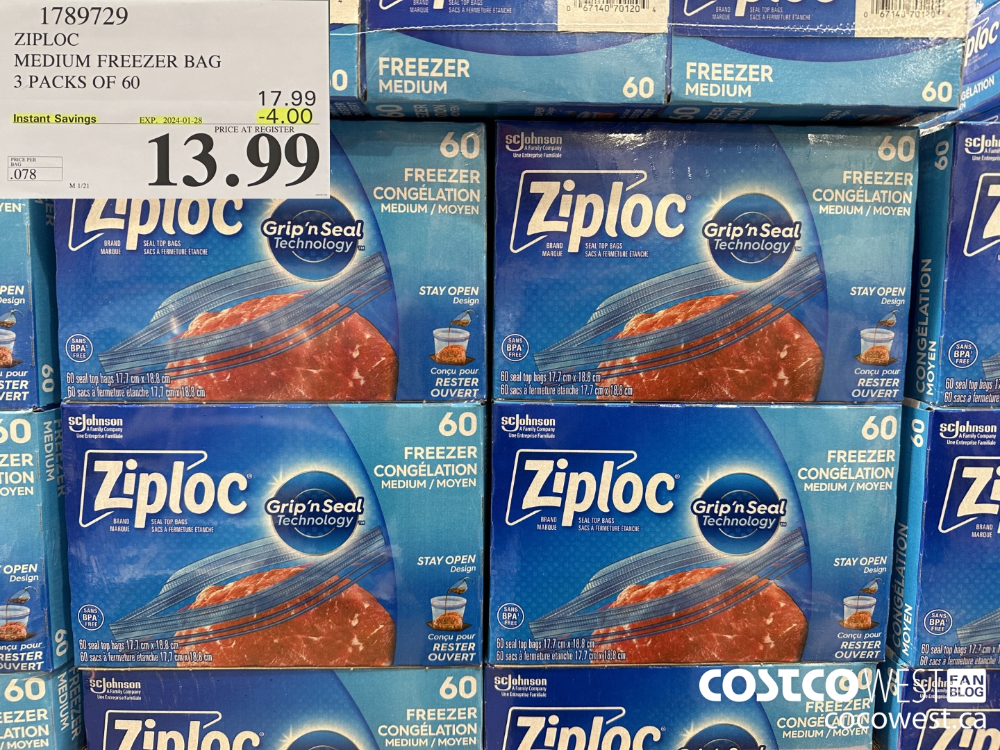 1789729 ZIPLOC MEDIUM FREEZER BAG 3 x 60 ($4.00 INSTANT SAVINGS EXPIRES ON 2024-01-28) $13.99