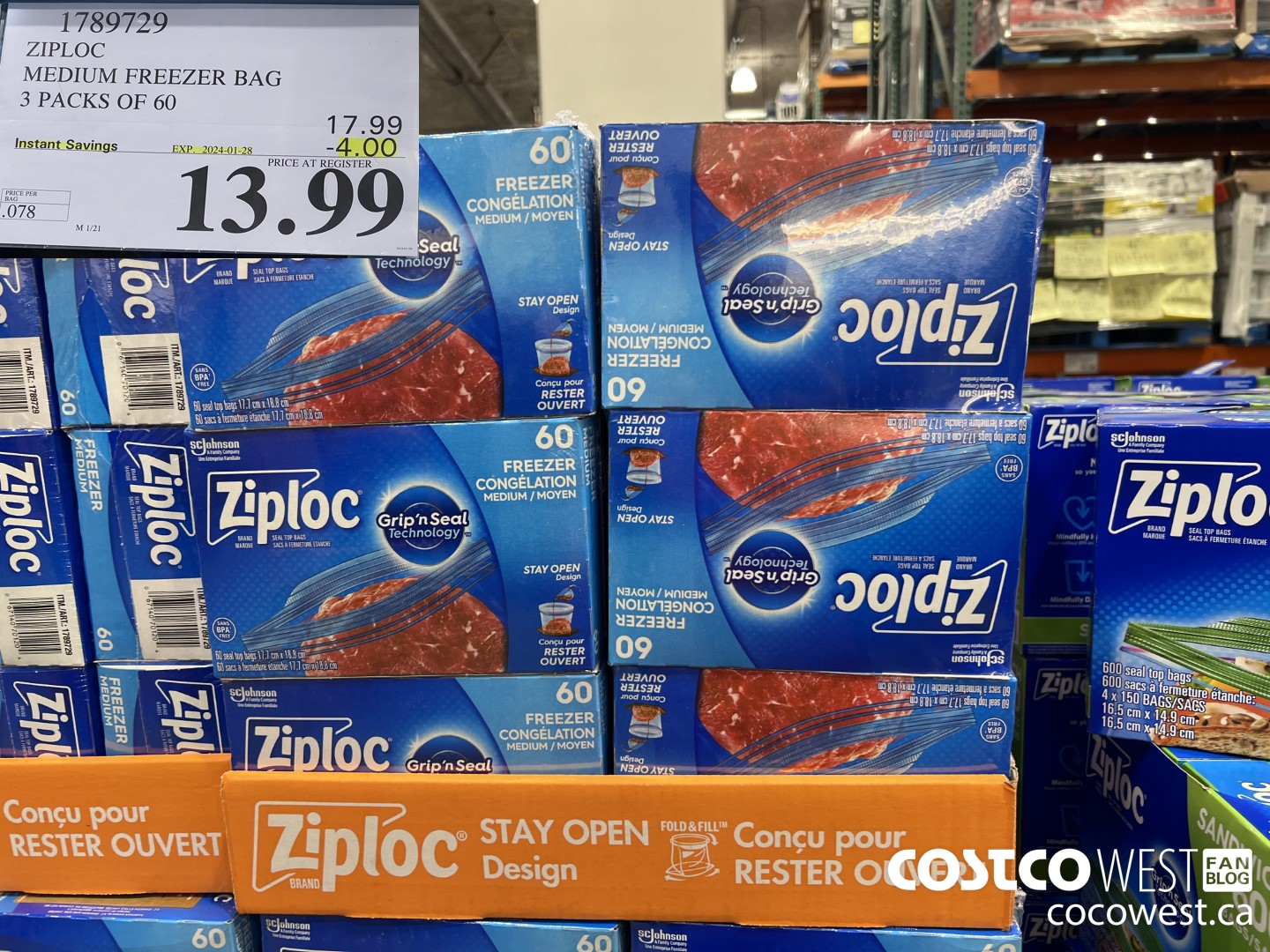 1789729 ZIPLOC MEDIUM FREEZER BAG 3 x 60 ($4.00 INSTANT SAVINGS EXPIRES ON 2024-01-28) $13.99