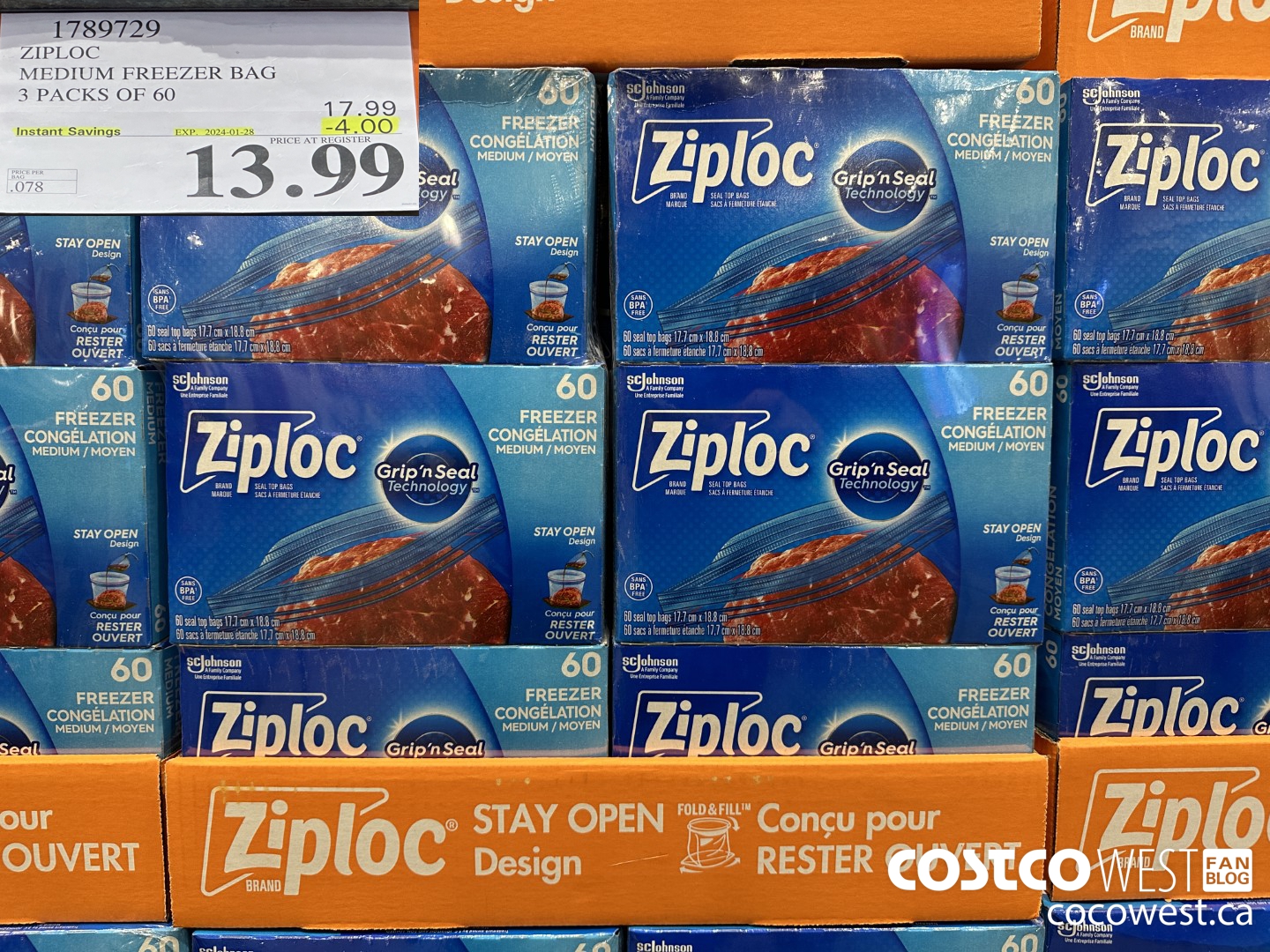 1789729 ZIPLOC MEDIUM FREEZER BAG 3 x 60 ($4.00 INSTANT SAVINGS EXPIRES ON 2024-01-28) $13.99